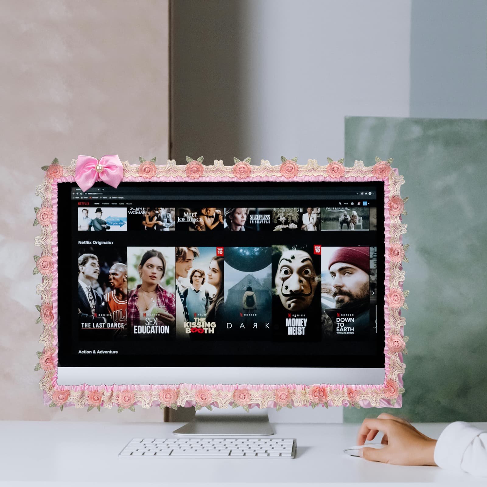 ReignSword 2 Pcs 23''-26'' Cute Computer Monitor Cover with Bow Tie, Lovely Computer Accessories with Lace Design, Monitor Dust Cover Protector (Pink) - 3