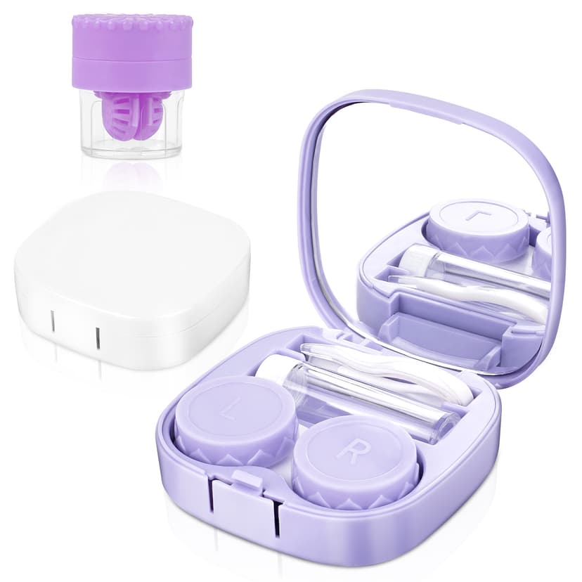 ReignSword 2 Pack Contact Lens Case with Manual Cleaner, Portable Travel Contact Cases Kit with Mirror for Daily & Outdoor Use,  Includes Solution Bottle Tweezers Cleaning Tool (White & Purple)