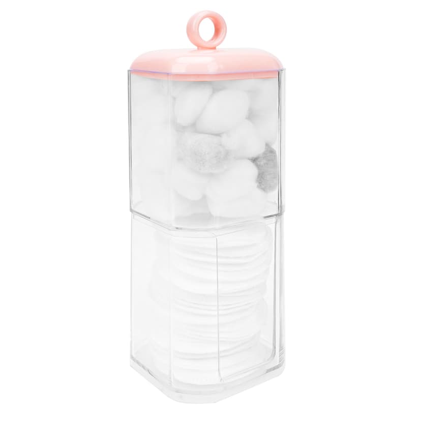 ReignSword Double Layer Cotton Swab Holder Dispenser, Plastic Storage Containers with Lid for Bathroom Vanity Countertop, Clear Bathroom Canisters for Cotton Swab, Ball, Cotton Pad (Pink)