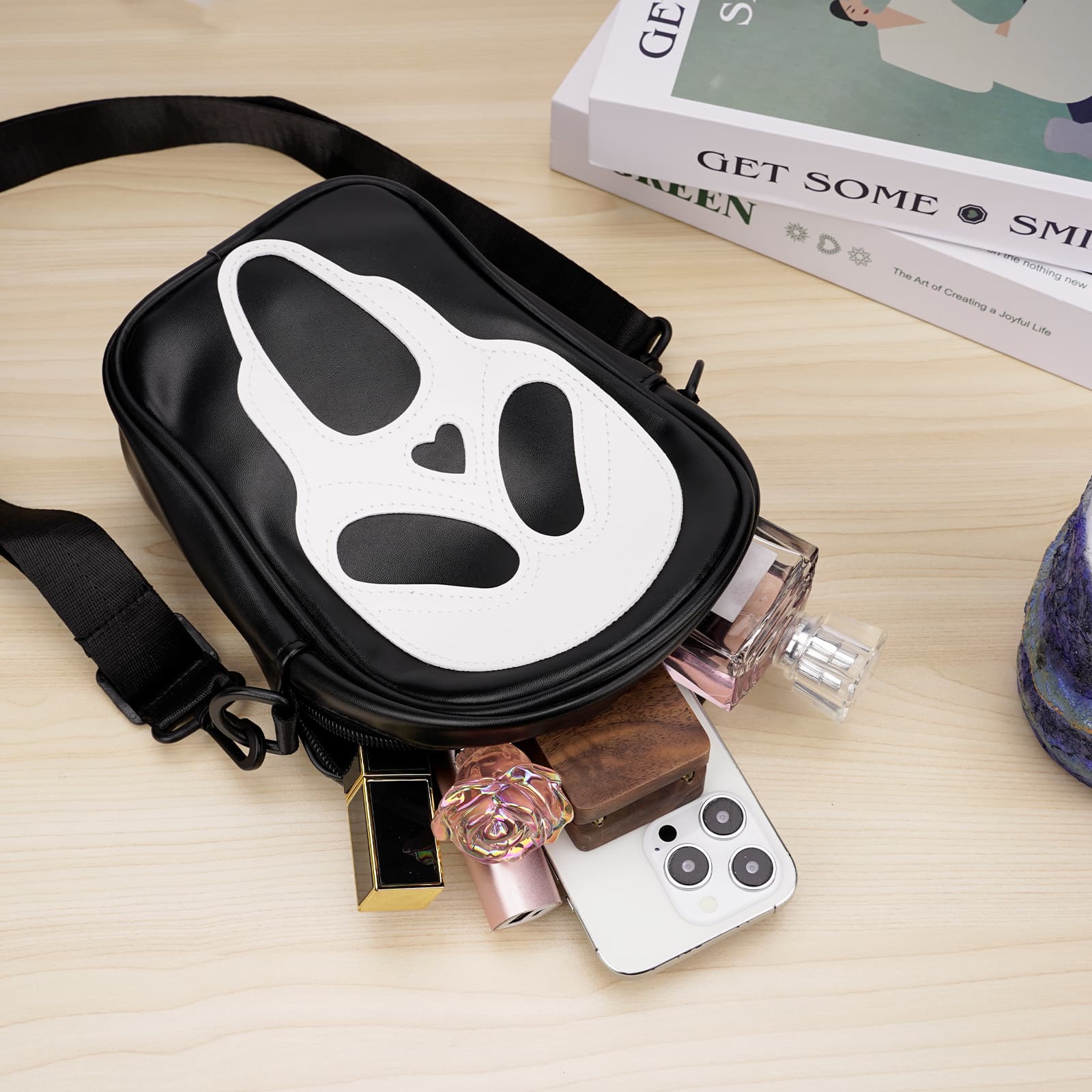 ReignSword Halloween Skull Face Messenger Bag, Vegan Leather Crossbody Bag, Novelty Ghost Purse Shoulder Bag (Black) - 2