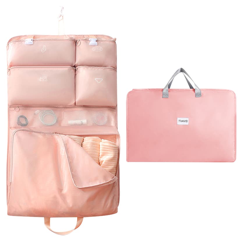 ReignSword Garment Bags for Travel, Foldable Carry on Travel Duffel Bag for Women, Hanging Weekender Overnight Bag for Clothes, Socks, Underwear, Panties (Pink)