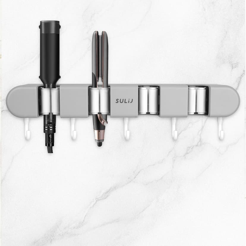 ReignSword Hair Straightener Holder Wall Mounted, Adhesive Curling Iron Holder for Bathroom, 4 Racks and 5 Hooks Hair Tool Organizer for Flat Irons, Curling Wands (Grey)