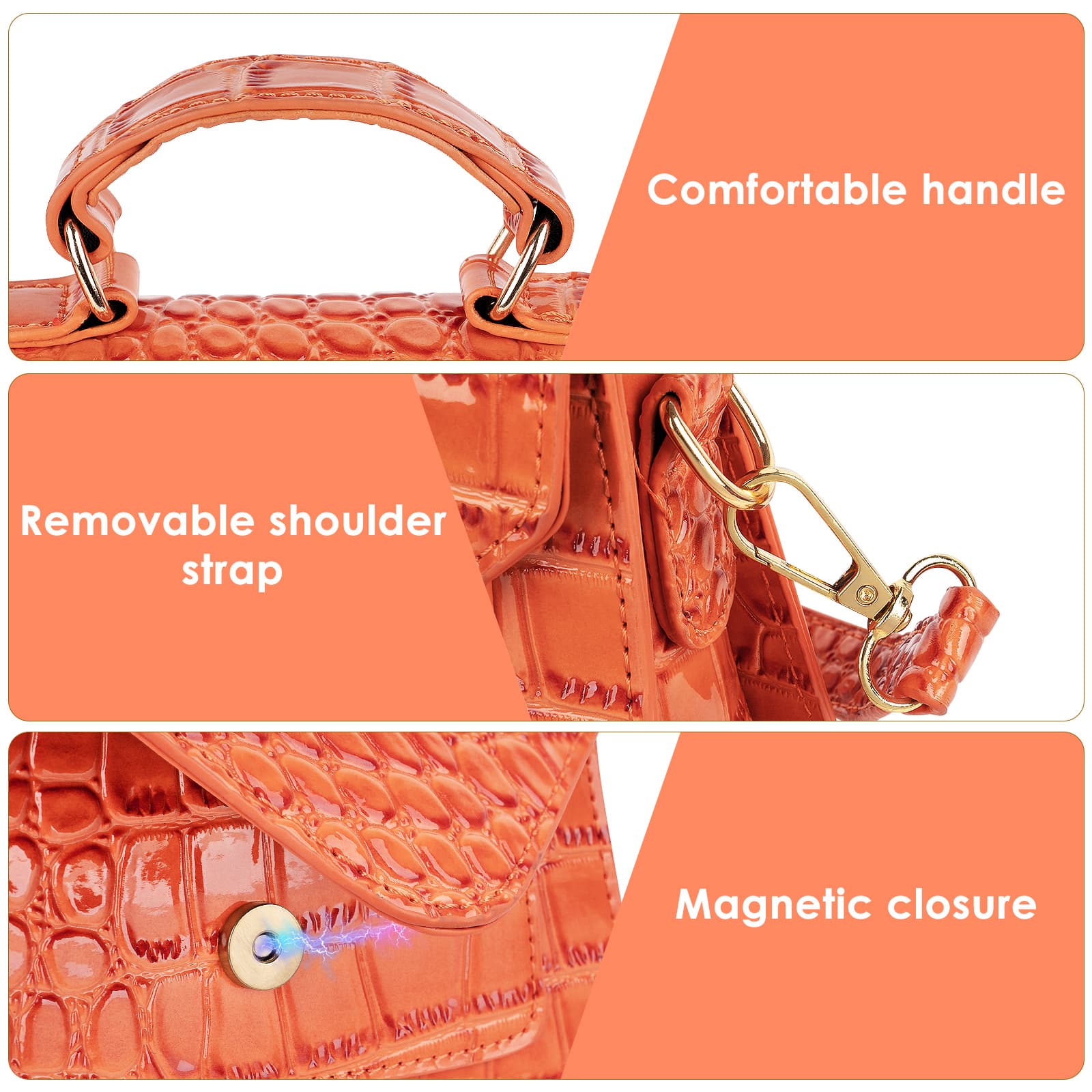 ReignSword Small Crossbody Bags for Women, Vegan Leather Crocodile Pattern Mini Purse, Trendy Clutch Top Handle Shoulder Handbag (Not Compatible with Phone) (Orange) - 1