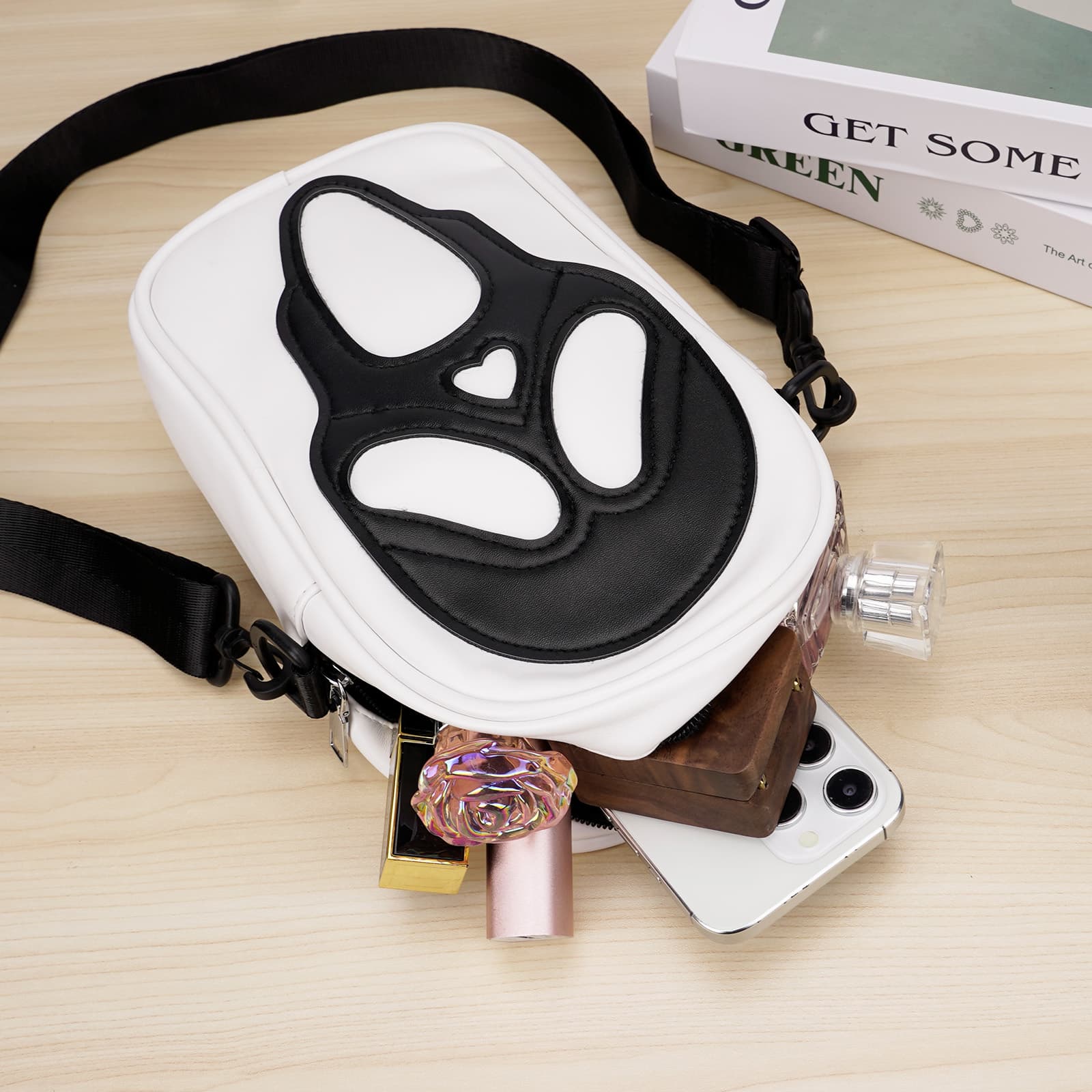 ReignSword Halloween Skull Face Messenger Bag, Vegan Leather Crossbody Bag, Novelty Ghost Purse Shoulder Bag (White) - 3