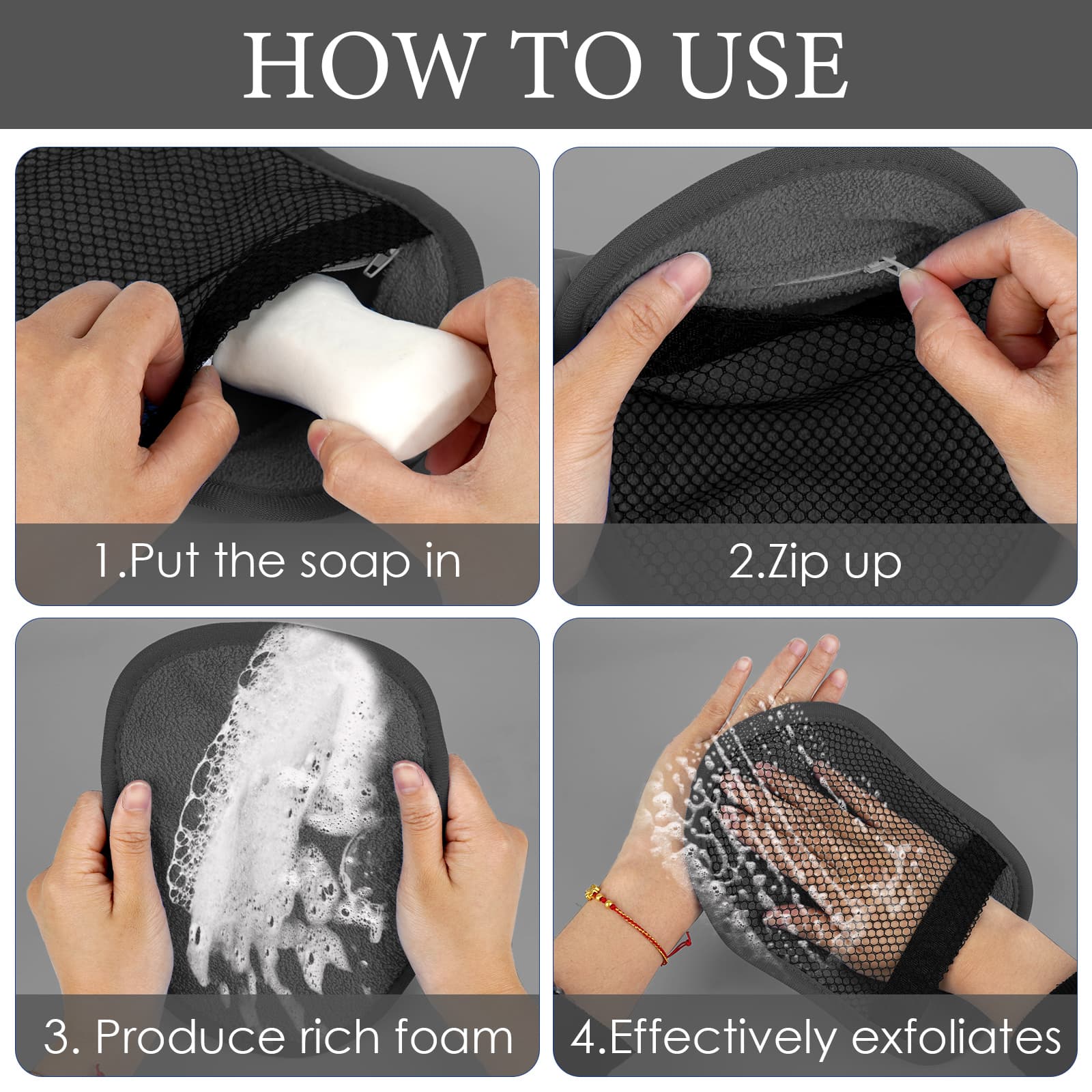 ReignSword 2 Pack Velvet Soap Bag, Exfoliation for Bath or Shower, Foaming and Drying The Soap, Bar Soap Pouch Scrubber for Men and Women (Grey) - 2