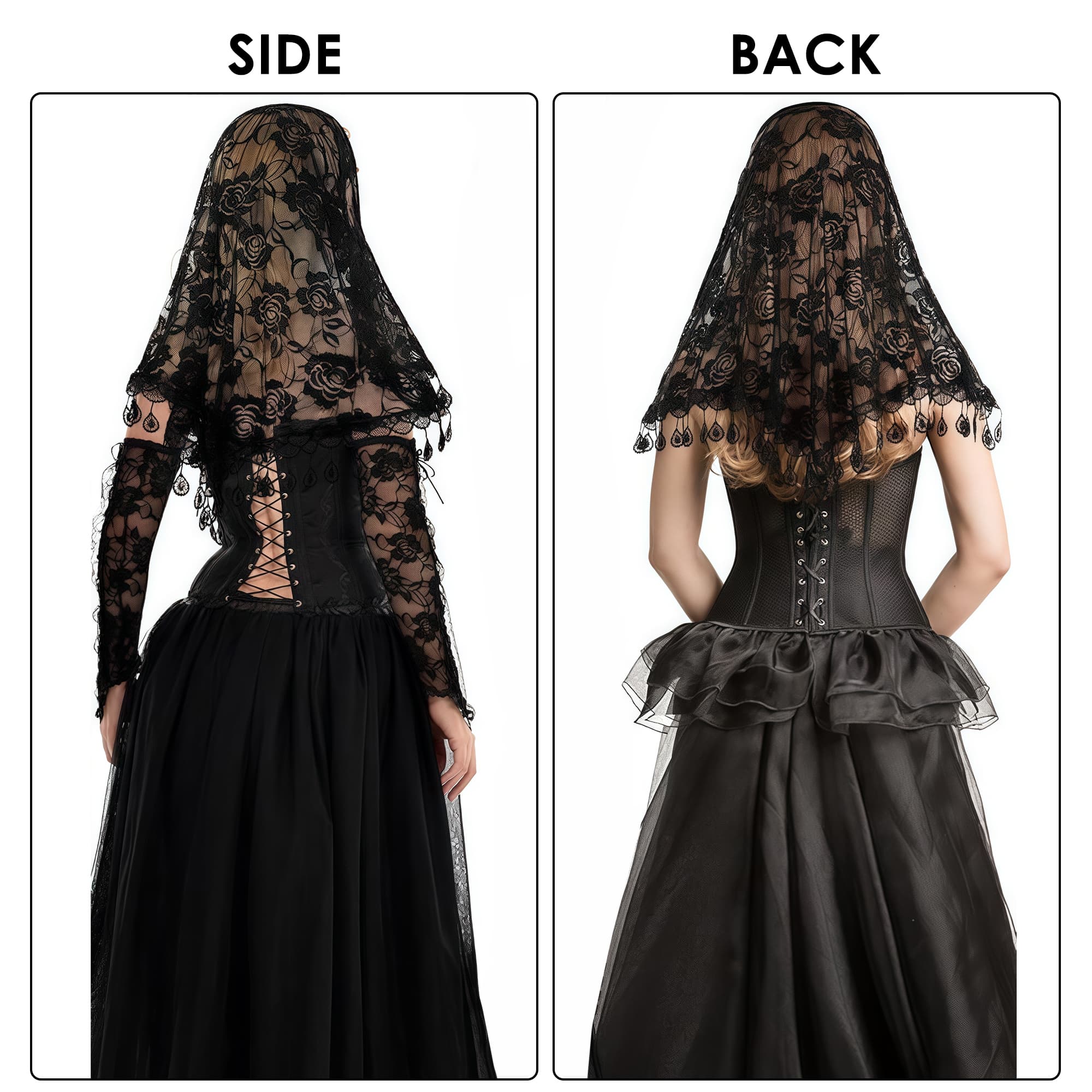 ReignSword 2 Pcs Triangle Lace Mantilla Veil Tulle Scarf, Lace Head Coverings for Women, Veils For Church Catholic (White and Black) - 2