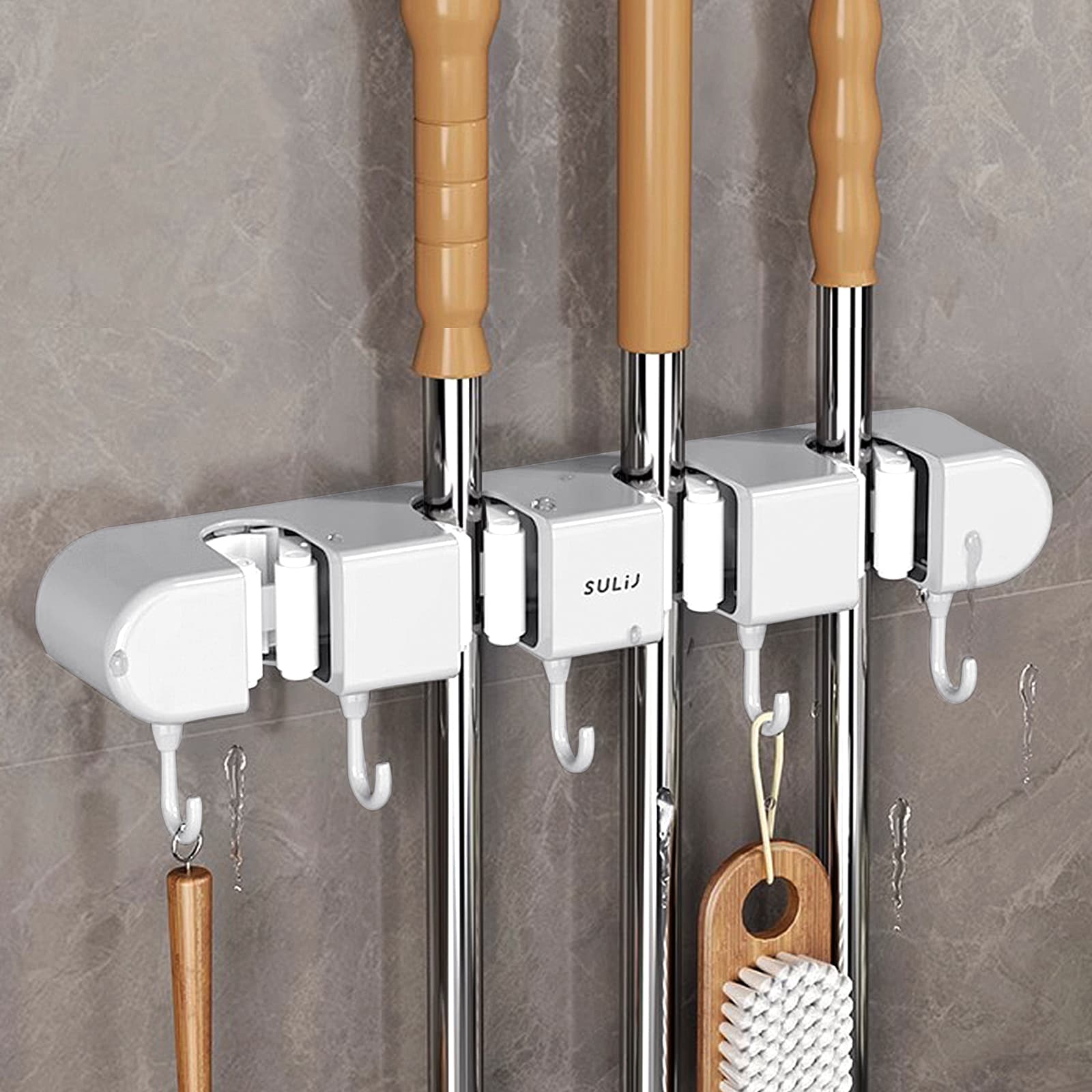 ReignSword Mop and Broom Holder Wall Mount, 4 Racks and 5 Hooks Self Adhesive Garage Organizer Storage Tool Racks for Kitchen Garden Laundry (White) - 3