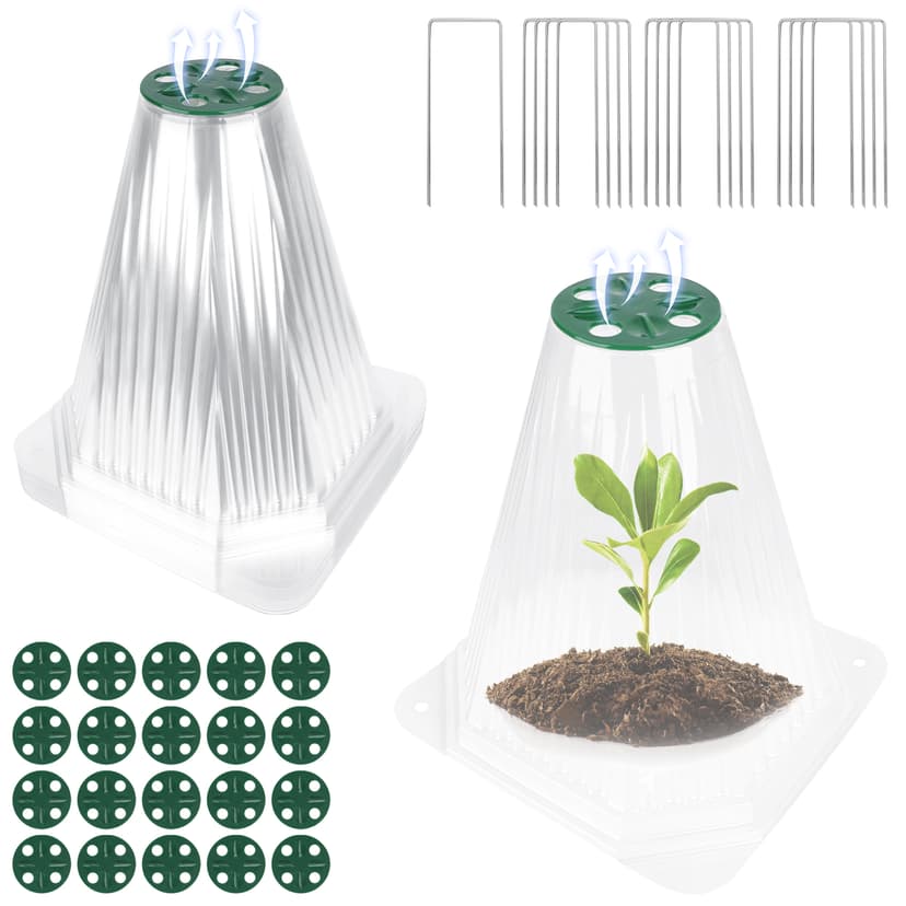 20 Pcs Garden Cloches for Plants, Plant Covers with Adjustable Clips & 40 Stakes, Freeze Protection & Animal Defense, Reusable Plant Protectors with Rotatable Vent for Tomato/Vegetable Seedlings