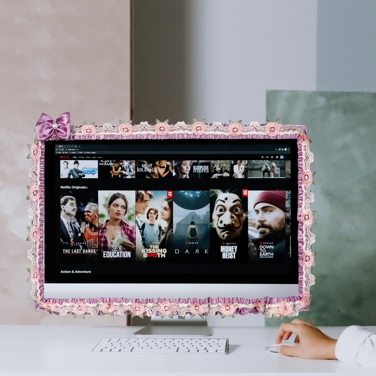 ReignSword 2 Pcs 23''-26'' Cute Computer Monitor Cover with Bow Tie, Lovely Computer Accessories with Lace Design, Monitor Dust Cover Protector (Purple) - 3