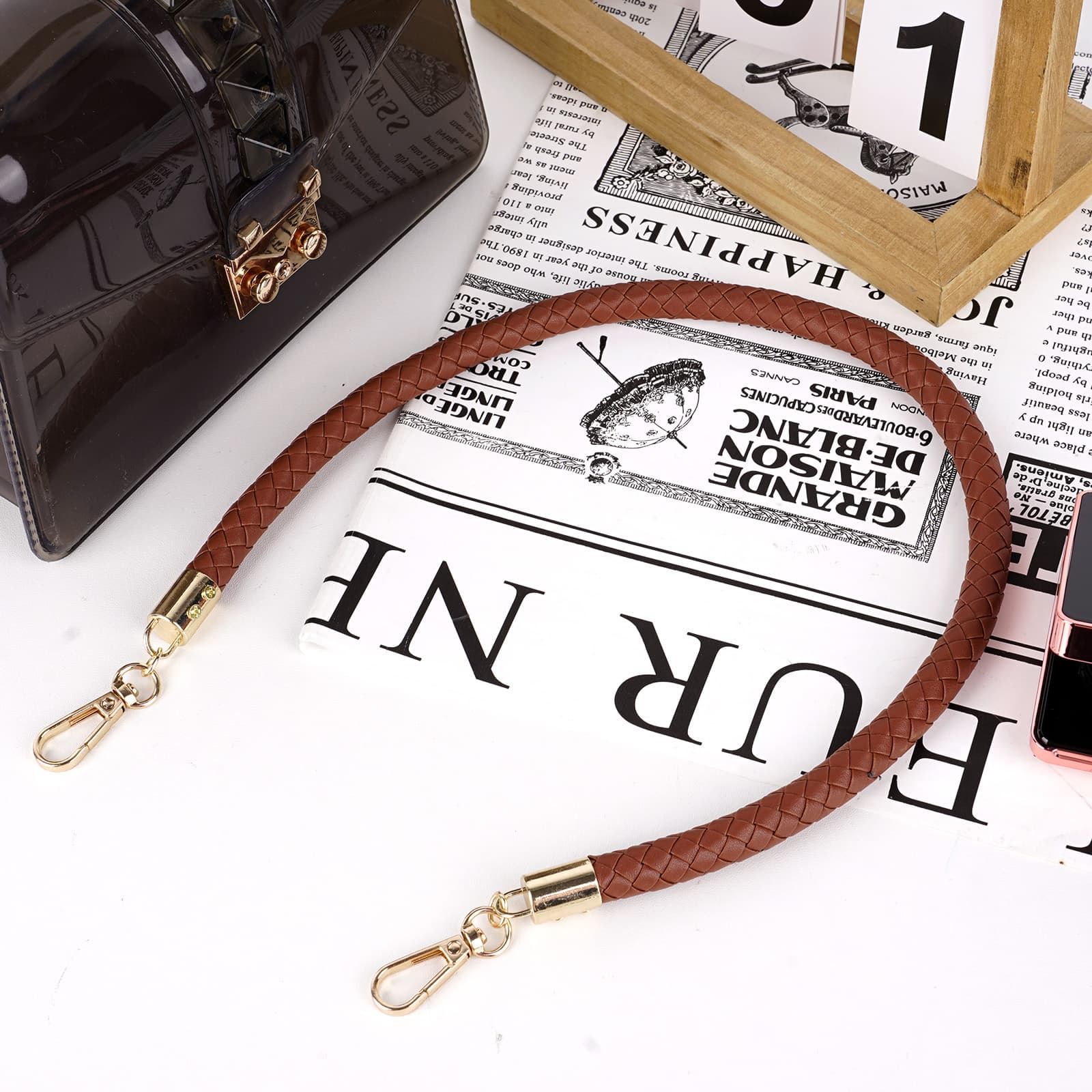 ReignSword Vegan Leather Purse Strap, 2 Pcs Braided Purse Replacement Handle for Women's Shoulder Bag, Handbag Handles (Brown, Gold Hook) - 5