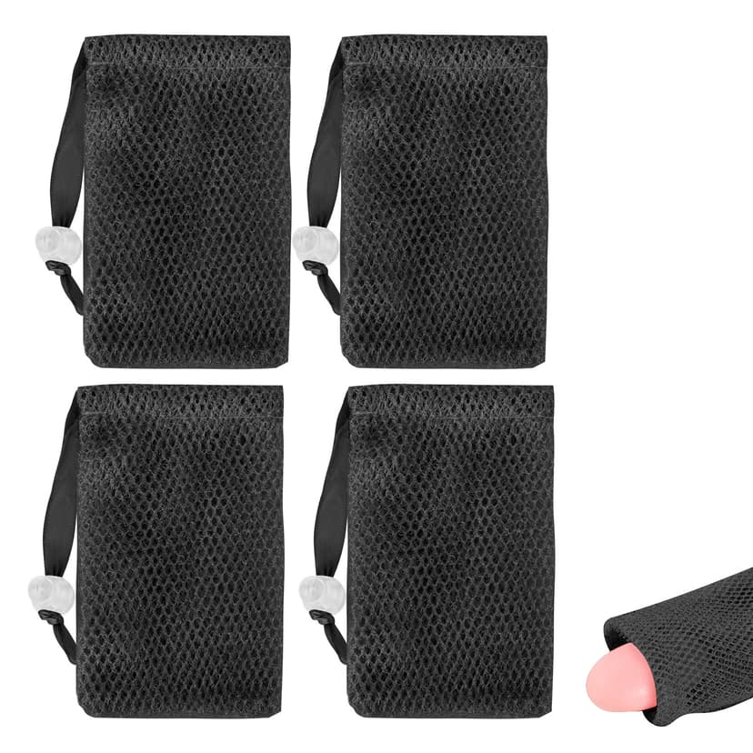 ReignSword 4 Pack Soap Saver Bag for Bar Soap, Exfoliating Mesh Soap Pouch with Drawstring Closure, Foaming and Drying Soap Bag for Shower (Black)