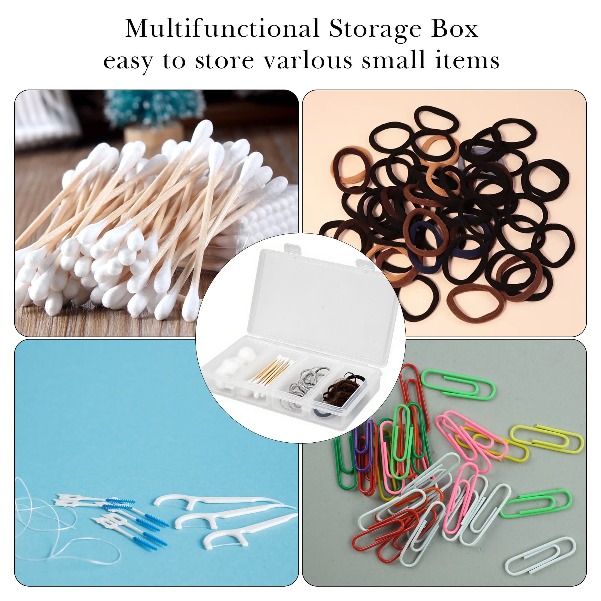 ReignSword Cotton Swab Holder for Travel, 4 in 1 Travel Floss Picks Case with Dustproof Lid, Clear Plastic Reusable Cotton Pad Holder Storage Box for Cotton Swabs Hair Ties Floss - 4