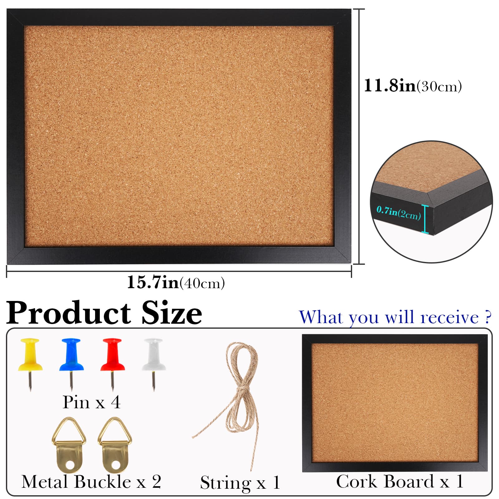 ReignSword Cork Bulletin Board, 15.7 X 11.8 Inches Poster Board, Wall Mounted Cork Board for Office and Home (Pins, screw eyes, gaskets, Screws) - 1