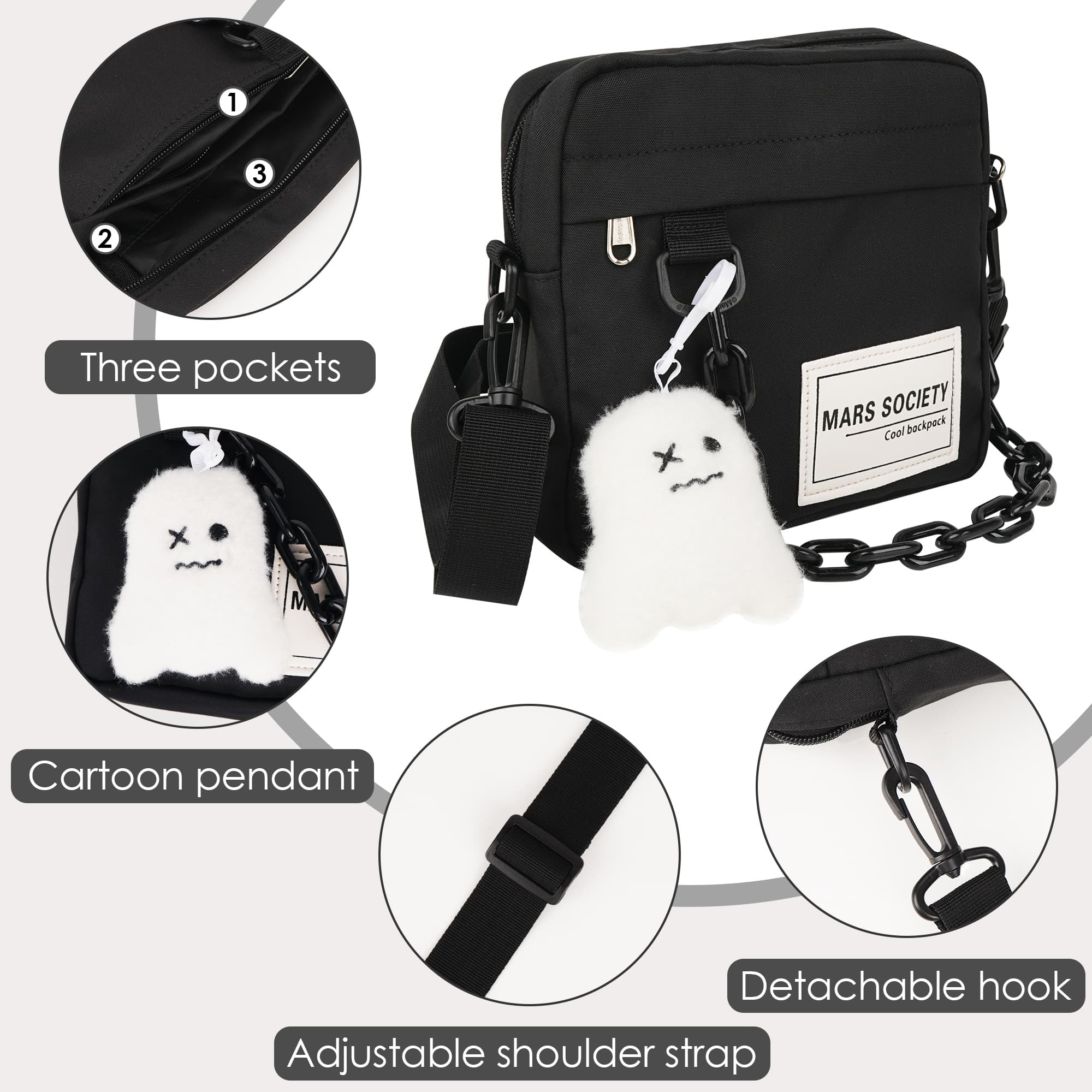 ReignSword Small Crossbody Messenger Bag for Women Men, Cute Nylon Shoulder Purse Bag with Detachable Ghost Pendant, Black - 4