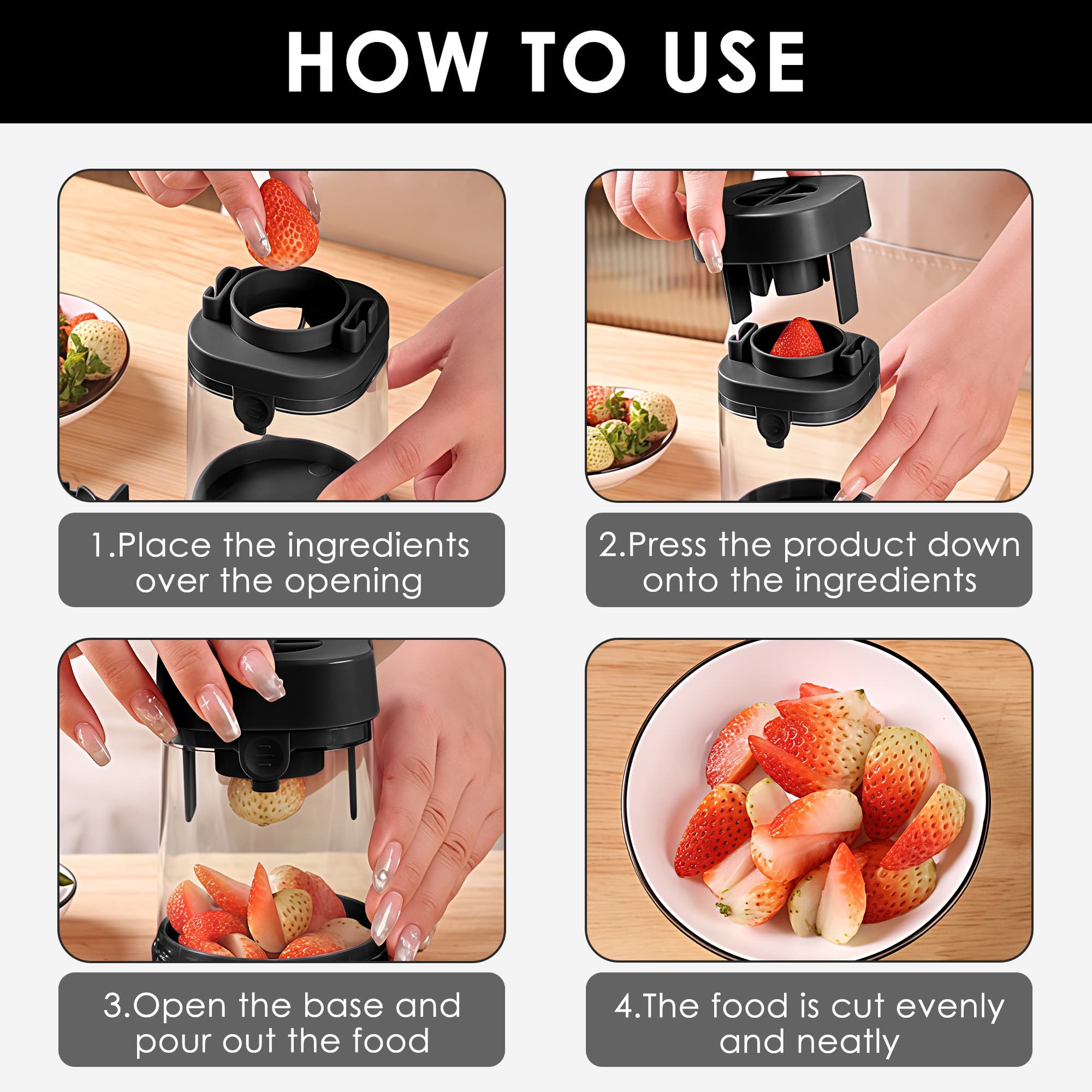 ReignSword Fruit Slicer Cup, Multi-Function Strawberry Slicer, Grape Cutter & Detachable Egg Dicer, Stainless Steel Speed Chopper for Cherry Tomatoes, Kitchen Gadget for Fruits & Vegetables (Black) - 4