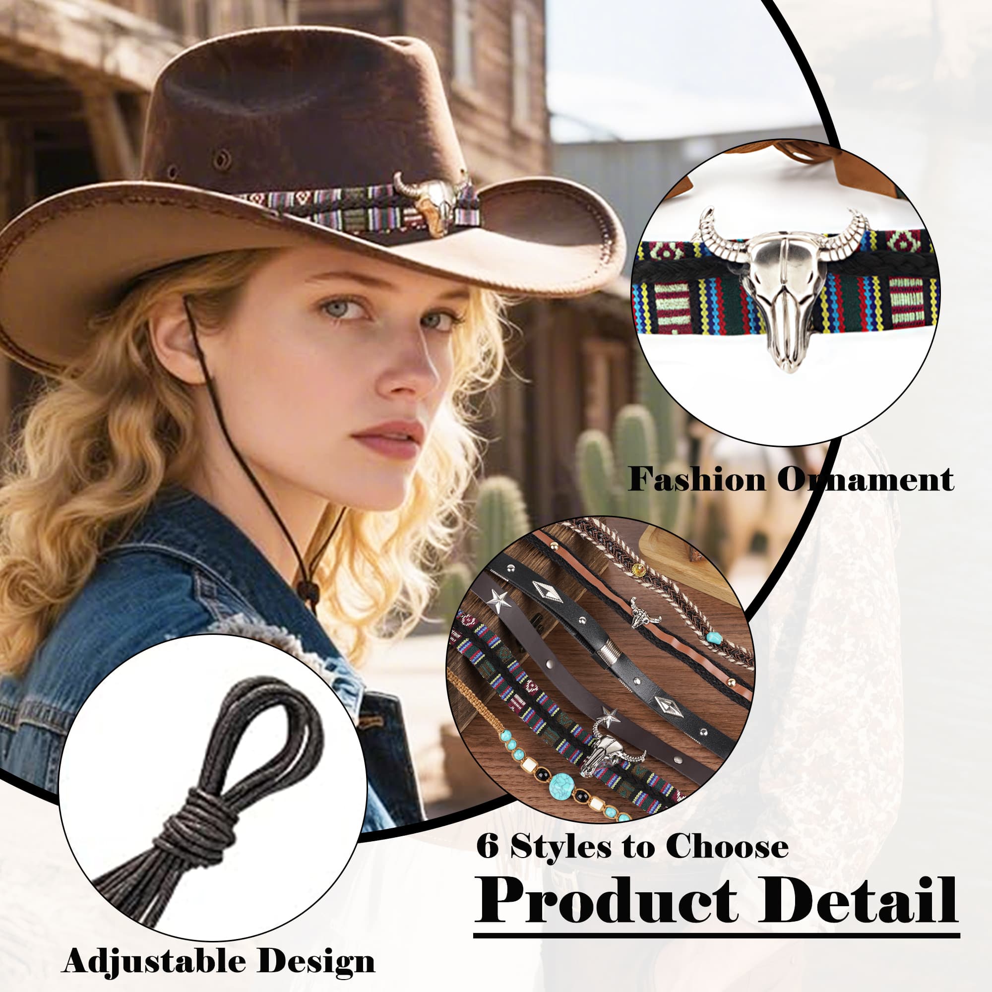 ReignSword 6 Pcs Cowboy Hat Band for Women and Men, Ethnic Western Hat Belts Beaded Decorative Bands, Dress or Hatbands Accessories - 4