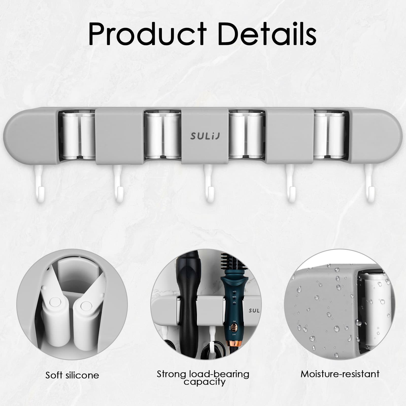 ReignSword Hair Straightener Holder Wall Mounted, Adhesive Curling Iron Holder for Bathroom, 4 Racks and 5 Hooks Hair Tool Organizer for Flat Irons, Curling Wands (Grey) - 3