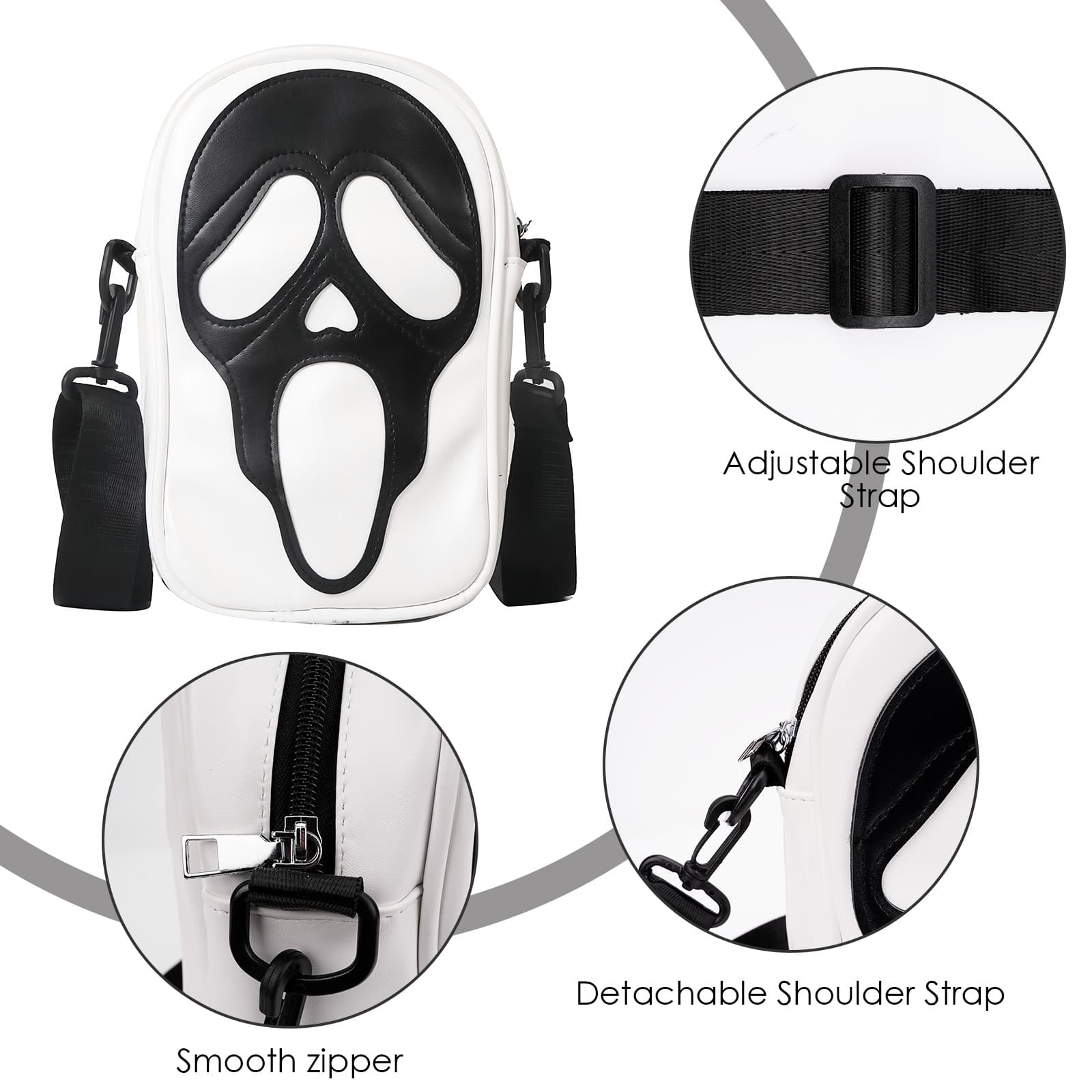 ReignSword Halloween Skull Face Messenger Bag, Vegan Leather Crossbody Bag, Novelty Ghost Purse Shoulder Bag (White) - 2