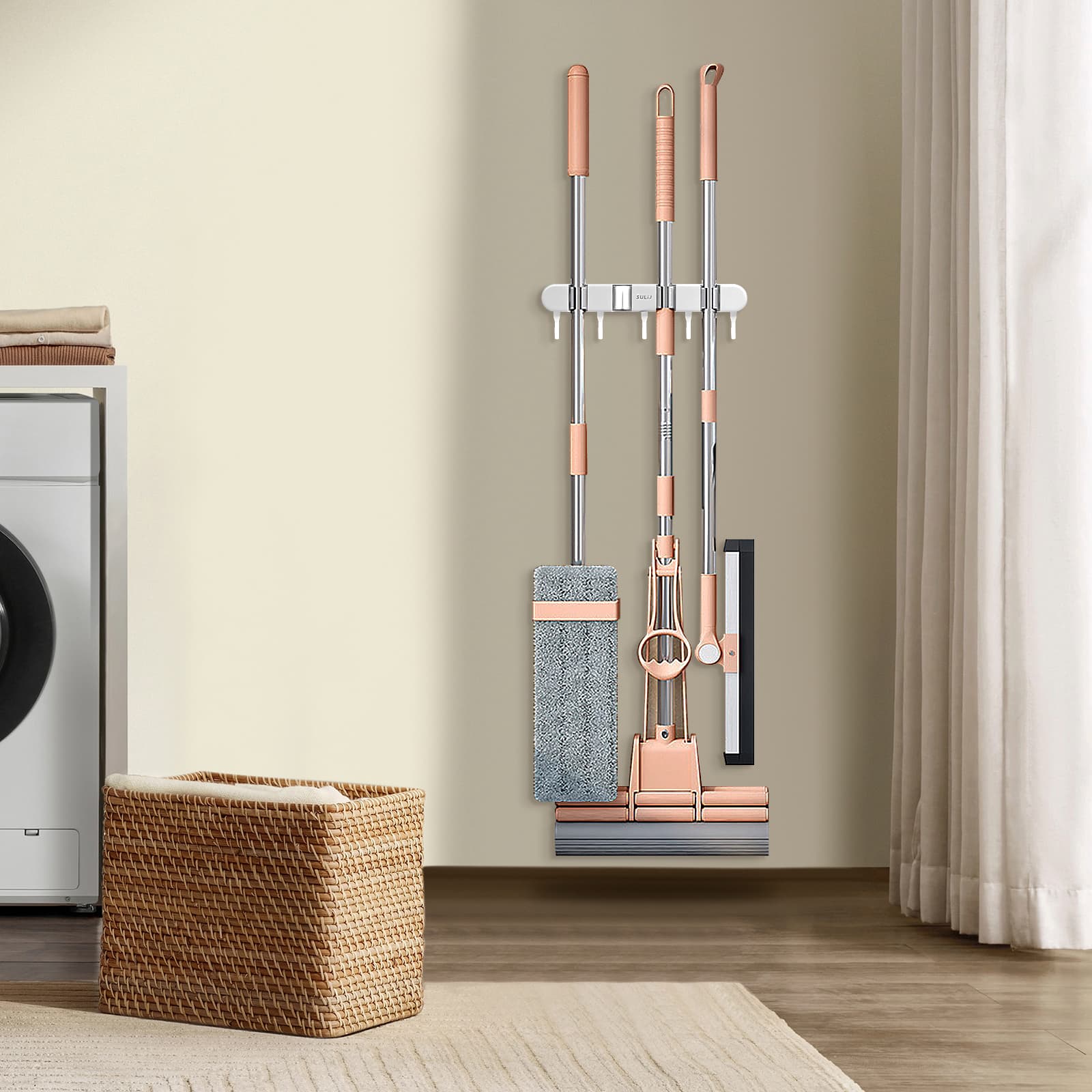 ReignSword Mop and Broom Holder Wall Mount, 4 Racks and 5 Hooks Self Adhesive Garage Organizer Storage Tool Racks for Kitchen Garden Laundry (White) - 4