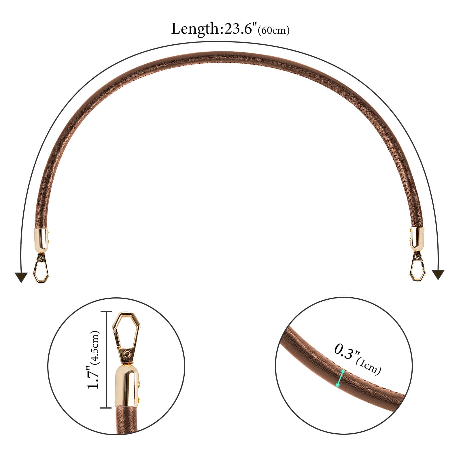 ReignSword 2 Pcs Vegan Leather Handbag Handles, 10MM/60CM Vegan Leather Shoulder Bag Straps, Purse Straps for Women's Handbag Tote Bag Handles Replacement (Brown, Gold Hook) - 1