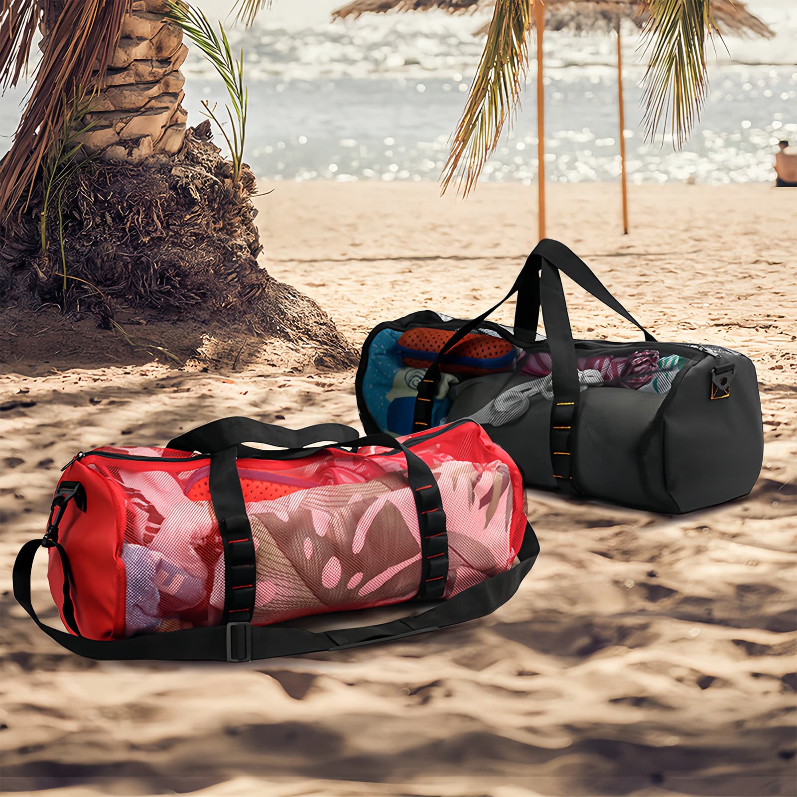 ReignSword Mesh Duffle Bag for Scuba Dive or Snorkel, 22.8 x 10.6 x 10.6 Inches Portable Snorkeling Equipment Carry Bag with Adjustable Shoulder Strap (Red) - 4