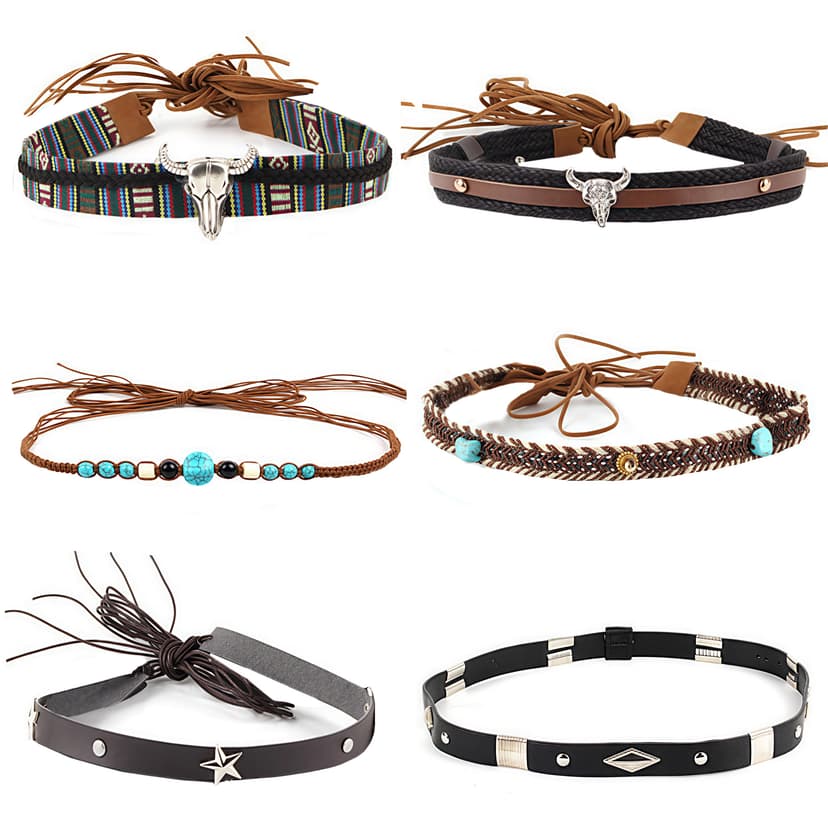 ReignSword 6 Pcs Cowboy Hat Band for Women and Men, Ethnic Western Hat Belts Beaded Decorative Bands, Dress or Hatbands Accessories
