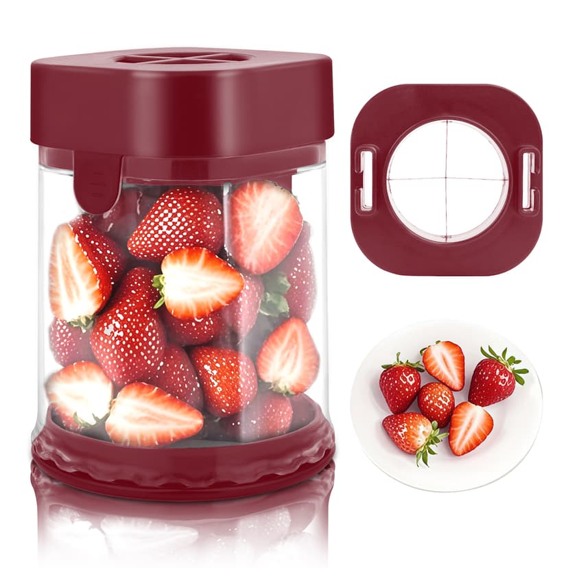 ReignSword Fruit Slicer Cup, Multi-Function Strawberry Slicer, Grape Cutter & Detachable Egg Dicer, Stainless Steel Speed Chopper for Cherry Tomatoes, Kitchen Gadget for Fruits & Vegetables (Red)