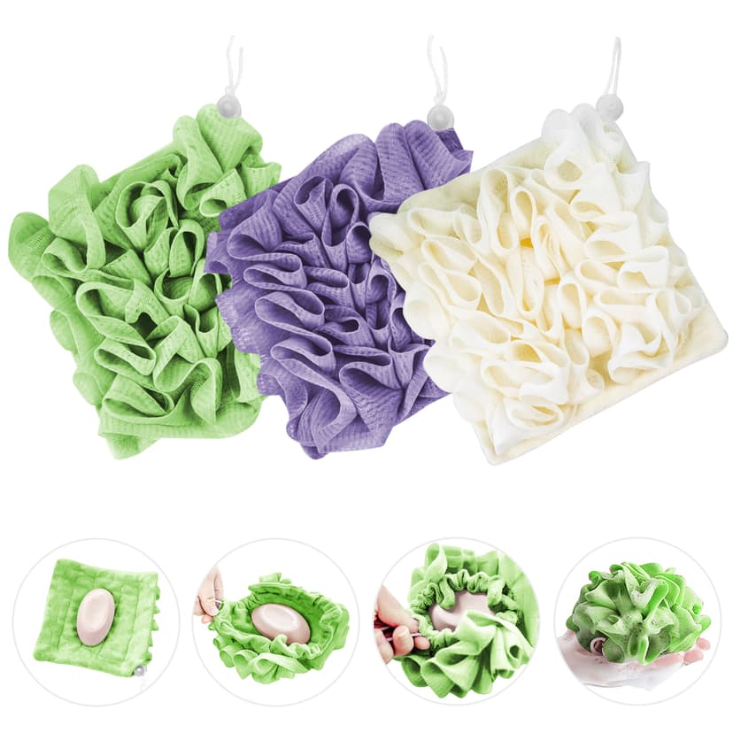 ReignSword 3 Pack 2-in-1 Washcloth Loofah Combo, Exfoliation Bath Loofah Sponge with Drawstring, Mesh Shower Ball for Body Wash and Cleanse Skin (Greeen+Purple+Beige)