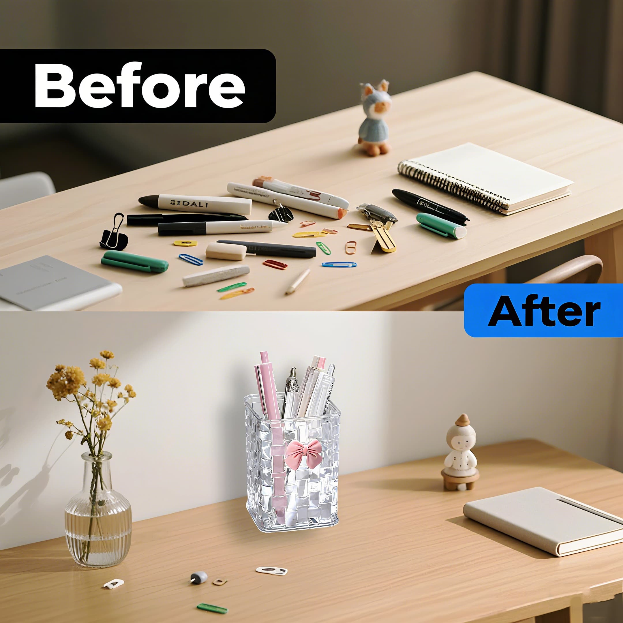 ReignSword Clear Pen Holder for Rattan Weaving Shape, Pen Organizer with Bow Decoration for Home and Office (Clear) - 5