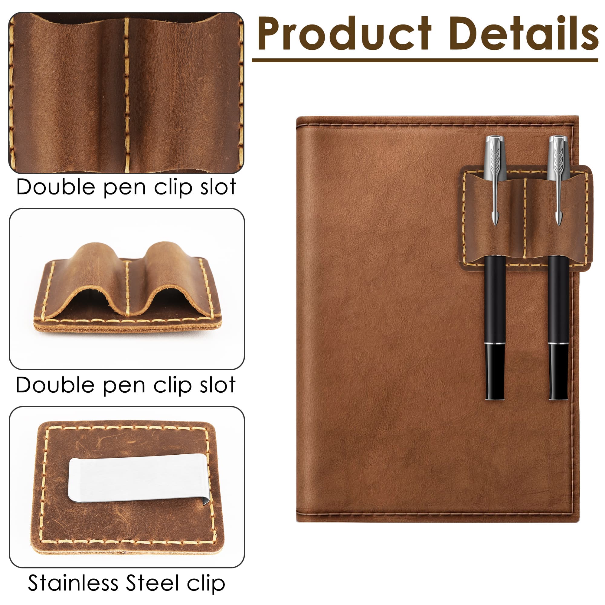 ReignSword Leather Pen Holder for Notebook, Double Slot Pen Holder for Journal Notebook Clipboard, Pencil Holder with Elastic Loop for Pens, Pencil, Stylus Pen (Brown) - 3