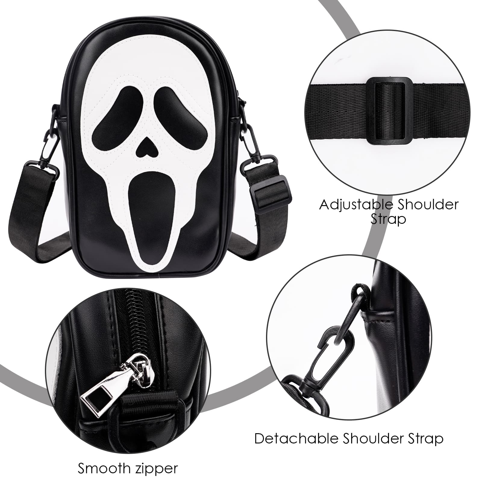 ReignSword Halloween Skull Face Messenger Bag, Vegan Leather Crossbody Bag, Novelty Ghost Purse Shoulder Bag (Black) - 1