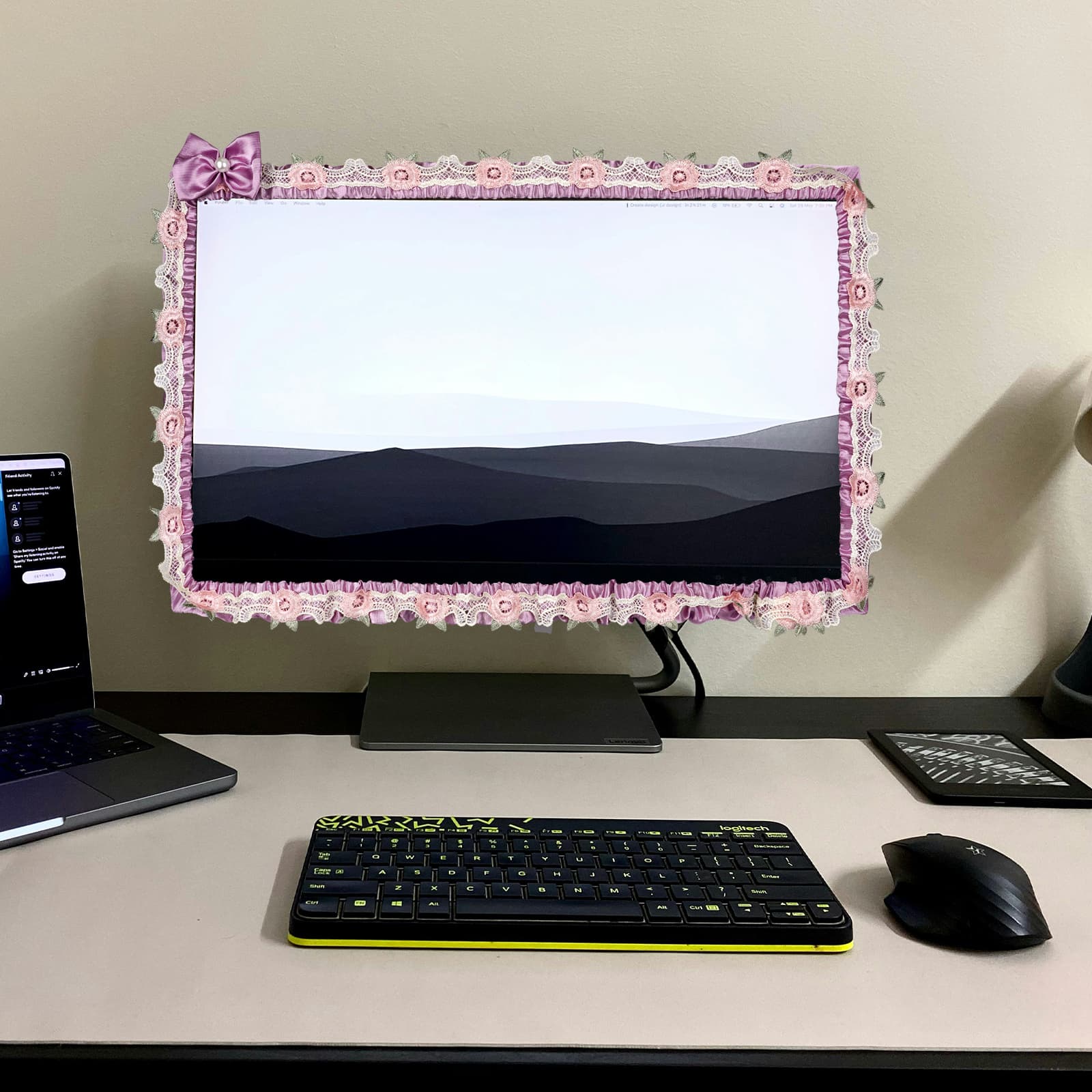 ReignSword 2 Pcs 23''-26'' Cute Computer Monitor Cover with Bow Tie, Lovely Computer Accessories with Lace Design, Monitor Dust Cover Protector (Purple) - 5