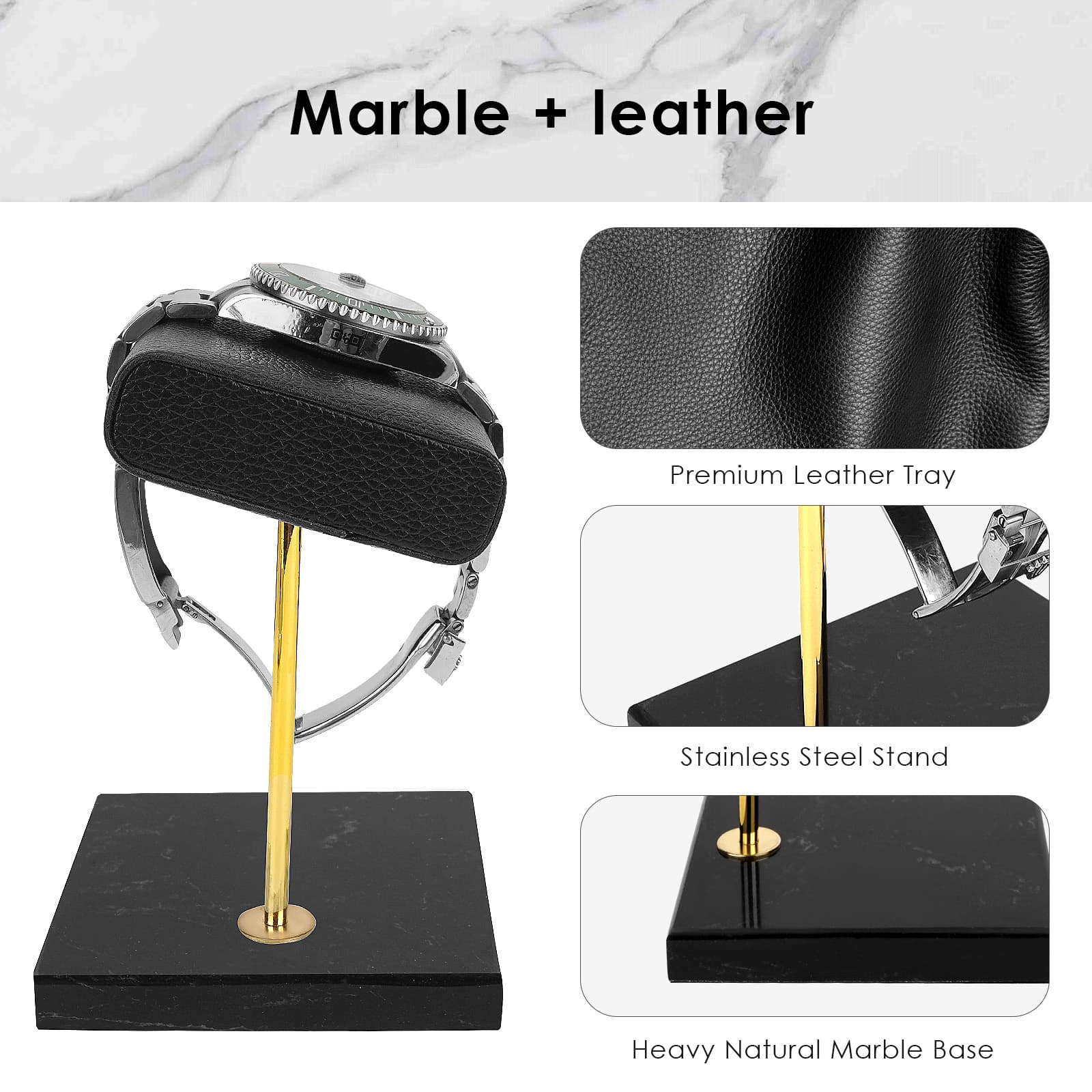 ReignSword Vegan Leather Watch Display Stand Holder, Single Watch Holder Watch Stand, Watch Holder with Marble Base (Black) - 2
