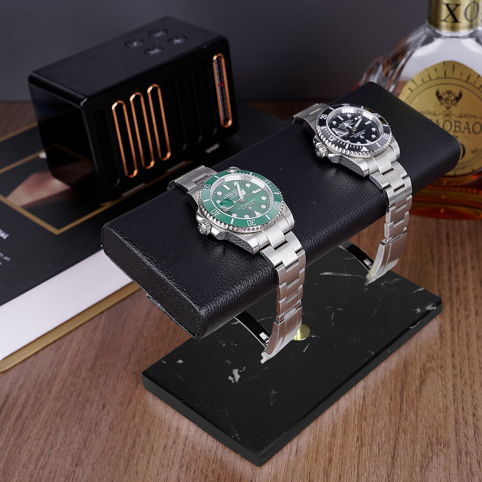ReignSword Watch Stand with Marble Base, Vegan Leather Watch Stand, Wrist Watch Display Organizer Holder for Men and Women (Black) - 4