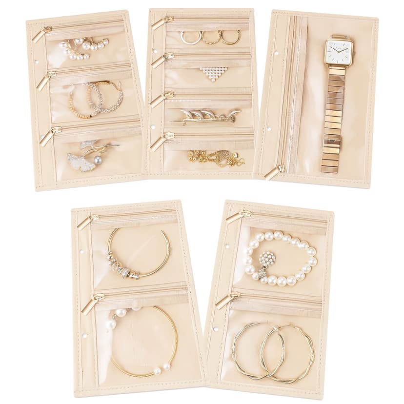 ReignSword Travel Jewelry Bags for Women, 8 Pcs Visualization Design Jewelry Travel Organizers, Suitable for storing necklaces, rings, earrings (Beige)