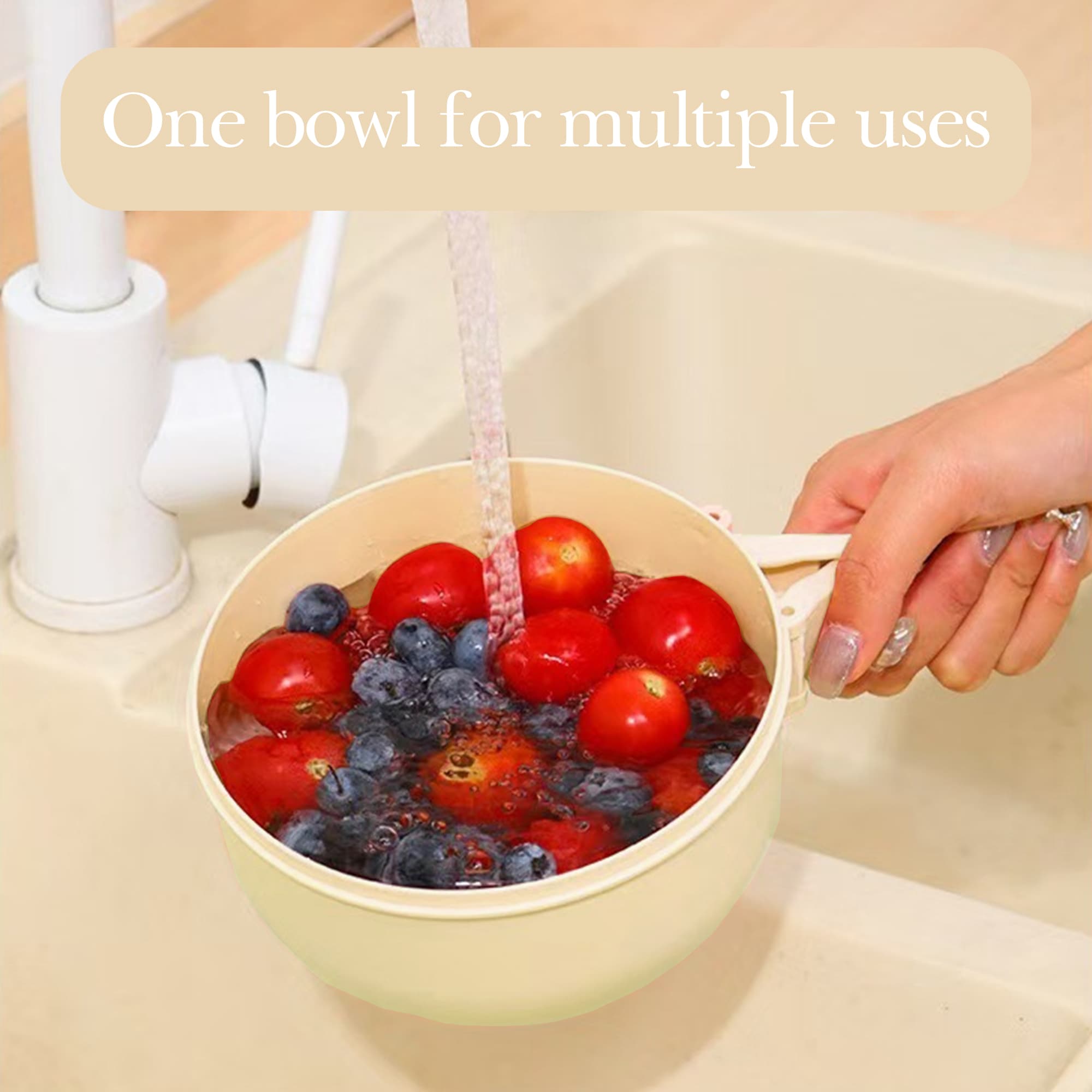 ReignSword Multipurpose Drain Basket with Lid, 2 in 1 Draining and Preservation Basket, Fruit Drainer Container with Fine Holes and Handle for Refrigerator, Kitchen Sink (White) - 4