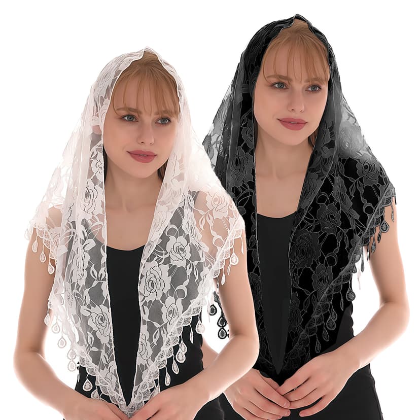 ReignSword 2 Pcs Triangle Lace Mantilla Veil Tulle Scarf, Lace Head Coverings for Women, Veils For Church Catholic (White and Black)