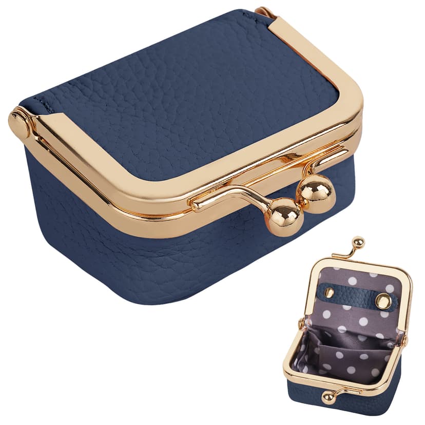 ReignSword Mini Jewelry Travel Case, Small Vegan Leather Jewelry Box for Women, Vintage Coin Purse Jewelry Organizer with Kiss Lock for Earring, Ring, Necklace (Blue)