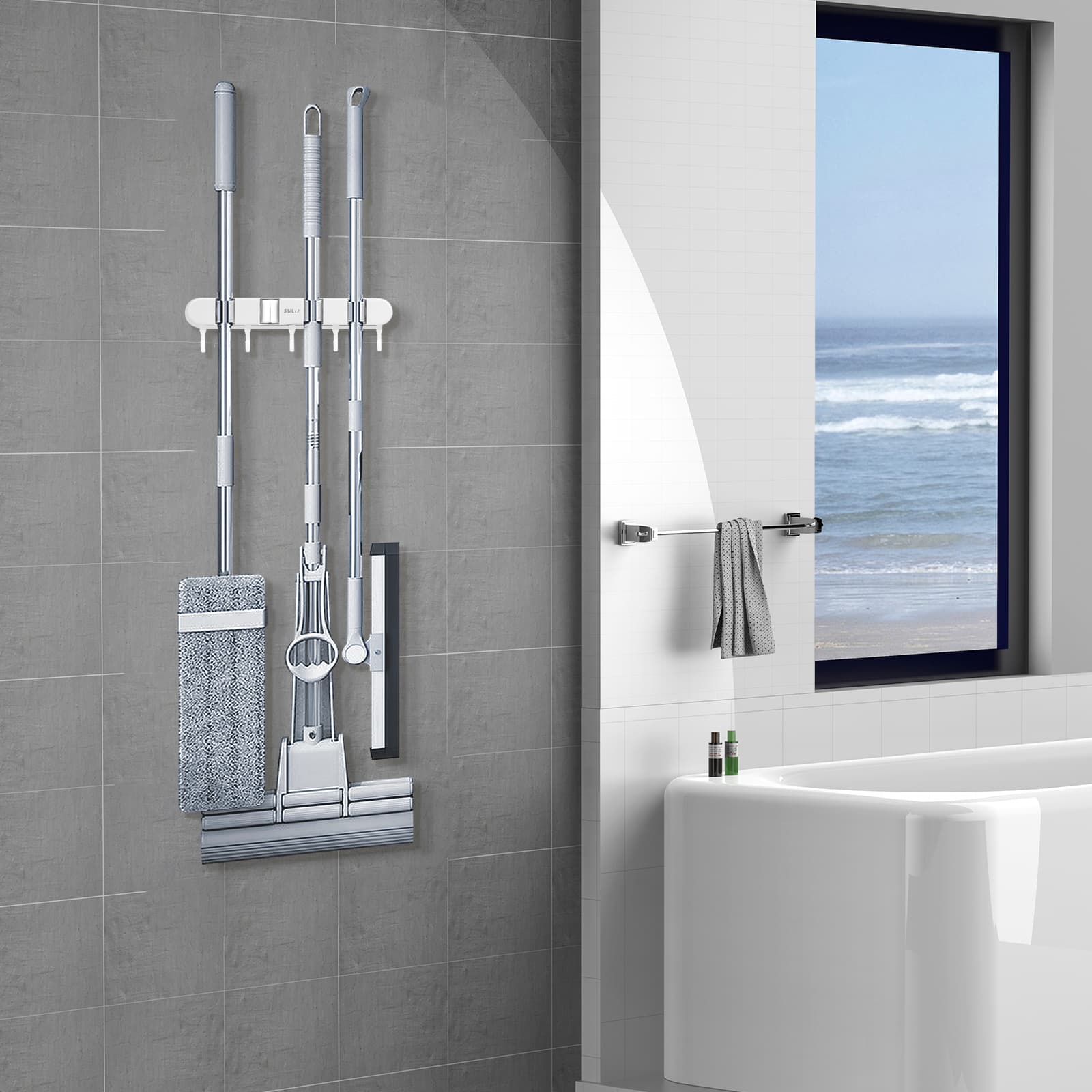 ReignSword Mop and Broom Holder Wall Mount, 4 Racks and 5 Hooks Self Adhesive Garage Organizer Storage Tool Racks for Kitchen Garden Laundry (White) - 5