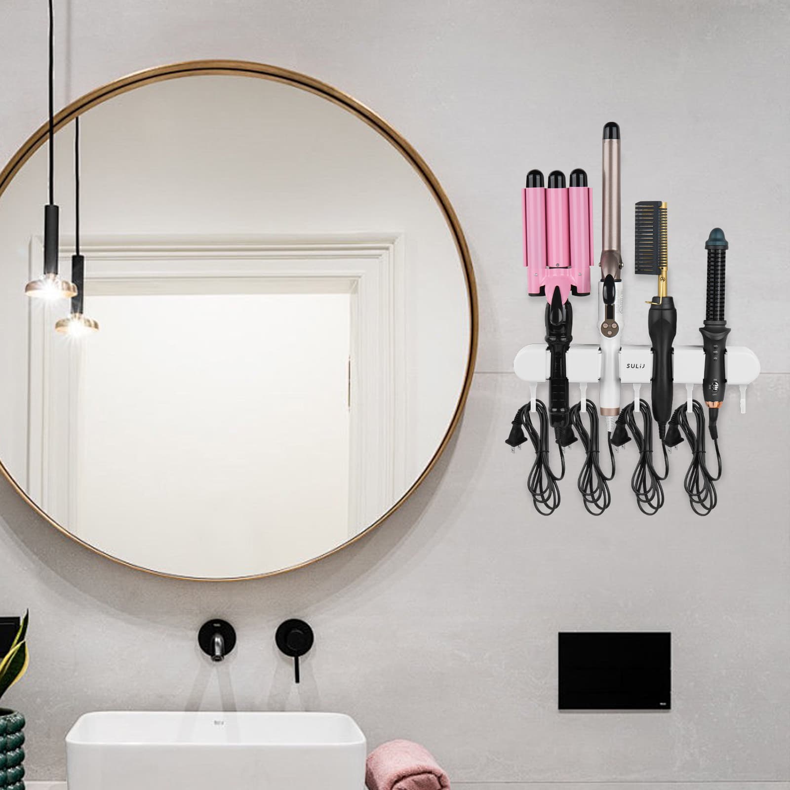 ReignSword Hair Straightener Holder Wall Mounted, Adhesive Curling Iron Holder for Bathroom, 4 Racks and 5 Hooks Hair Tool Organizer for Flat Irons, Curling Wands (White) - 5