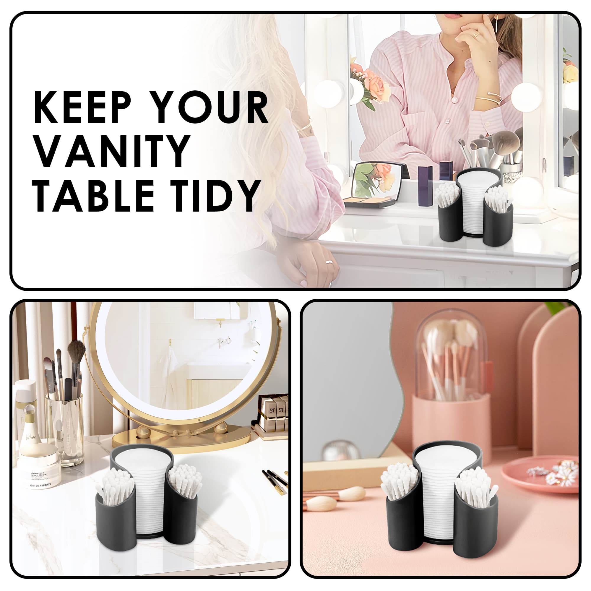 ReignSword Plastic Cotton Pad Dispenser, Cotton Swab Holder for Bathroom, Cotton Pad QTips Holder, Storage Organizer for Paper Cup and Floss Dispensers (Black) - 4