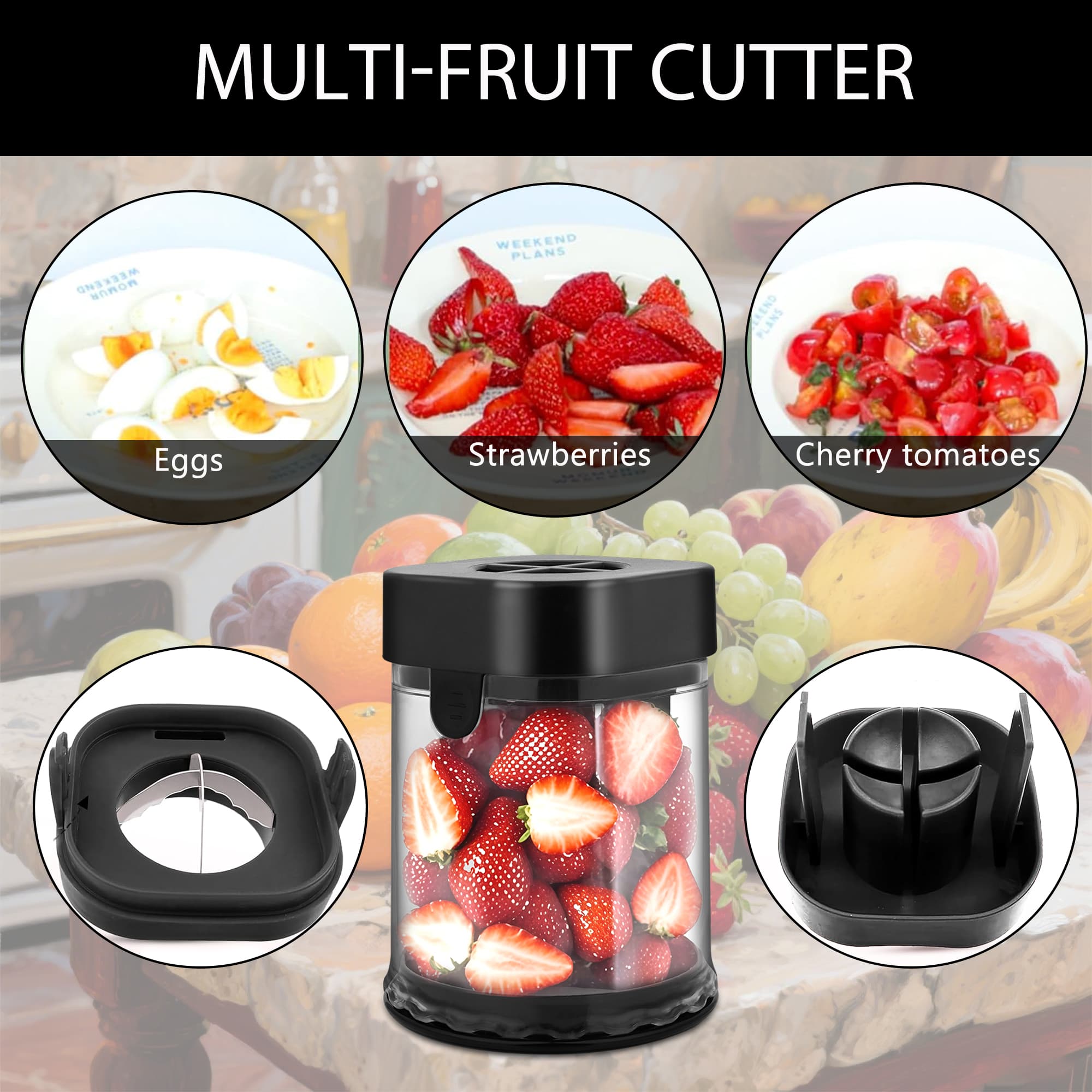 ReignSword Fruit Slicer Cup, Multi-Function Strawberry Slicer, Grape Cutter & Detachable Egg Dicer, Stainless Steel Speed Chopper for Cherry Tomatoes, Kitchen Gadget for Fruits & Vegetables (Black) - 2