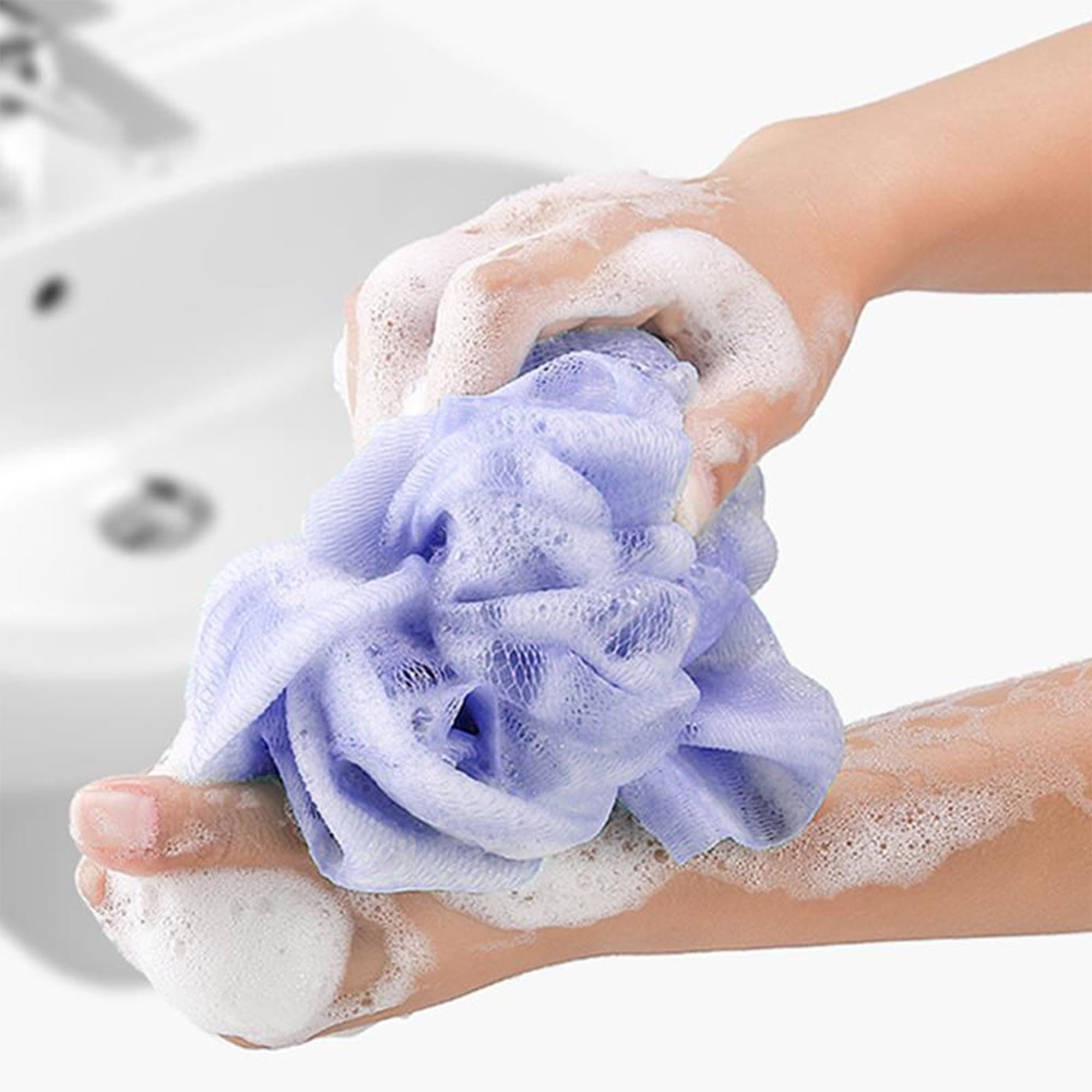 ReignSword 3 Pack Shower Loofah Bath Sponge with Soap Dispenser, Mesh Exfoliating Body Scrubber for Men and Women, Soft Body Wash Puff for Bathroom (Light Purple, Sky Blue, Orange) - 6