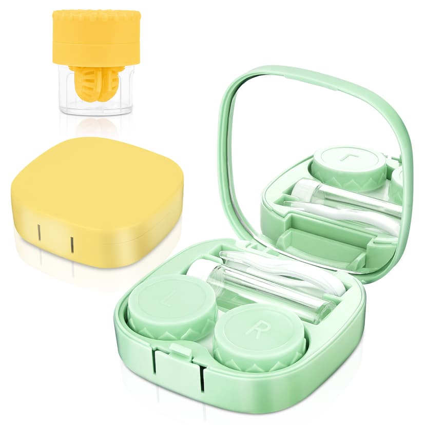 ReignSword 2 Pack Contact Lens Case with Manual Cleaner, Portable Travel Contact Cases Kit with Mirror for Daily & Outdoor Use,  Includes Solution Bottle Tweezers Cleaning Tool (Yellow & Green)