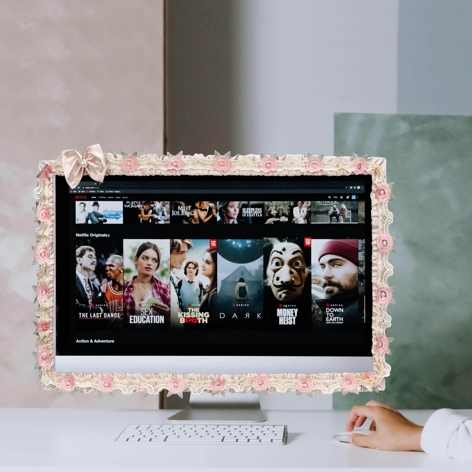 ReignSword 2 Pcs 23''-26'' Cute Computer Monitor Cover with Bow Tie, Lovely Computer Accessories with Lace Design, Monitor Dust Cover Protector (Beige) - 3