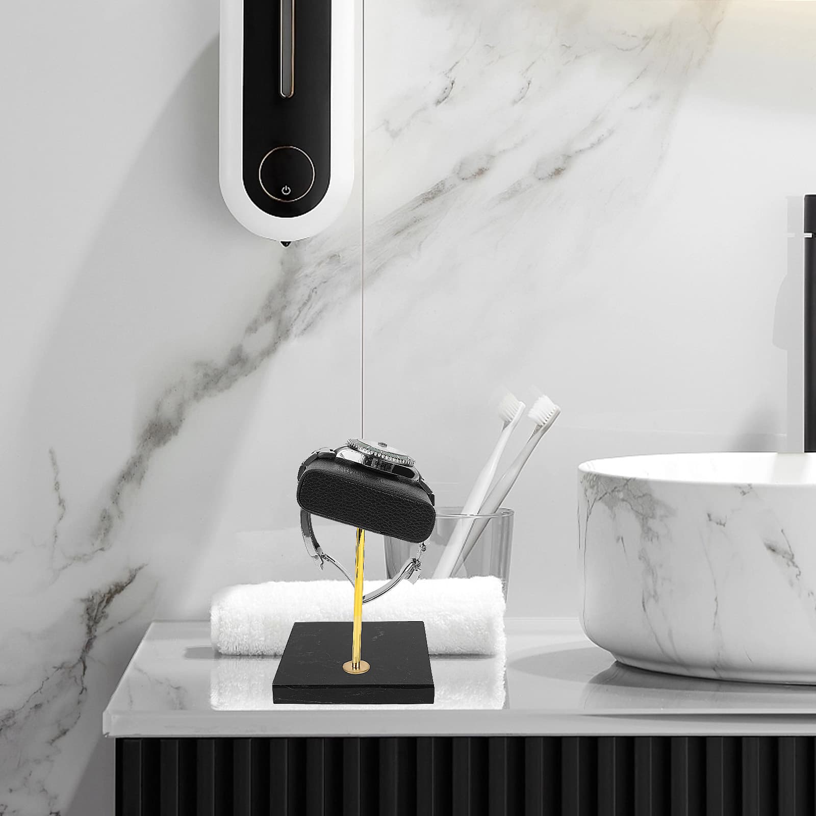 ReignSword Vegan Leather Watch Display Stand Holder, Single Watch Holder Watch Stand, Watch Holder with Marble Base (Black) - 4