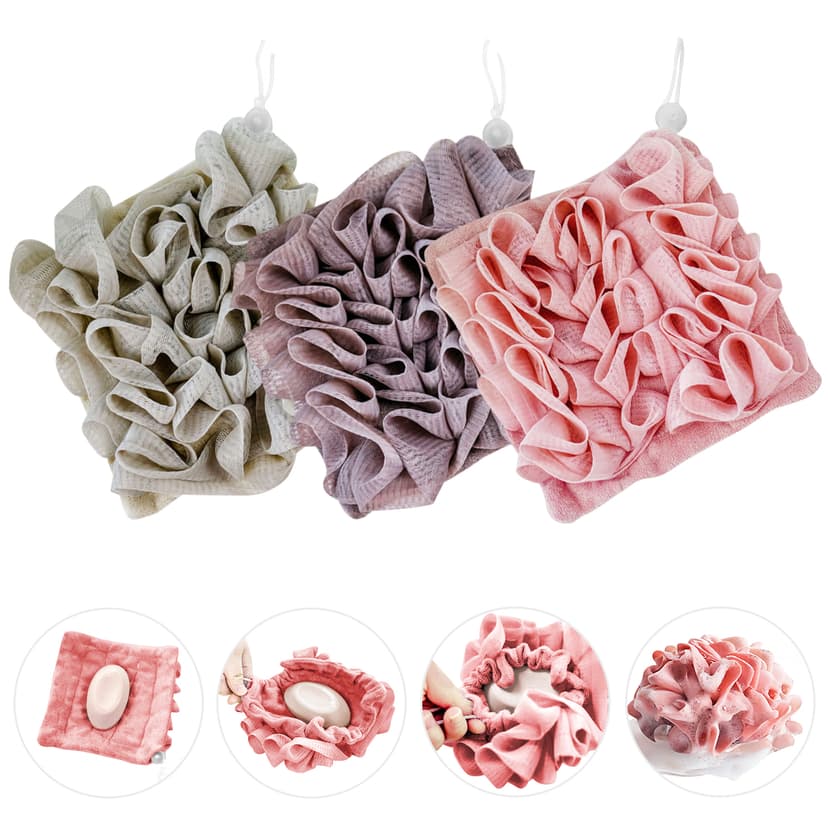 ReignSword 3 Pack 2-in-1 Washcloth Loofah Combo, Exfoliation Bath Loofah Sponge with Drawstring, Mesh Shower Ball for Body Wash and Cleanse Skin (Khaki+Brown+Pink)