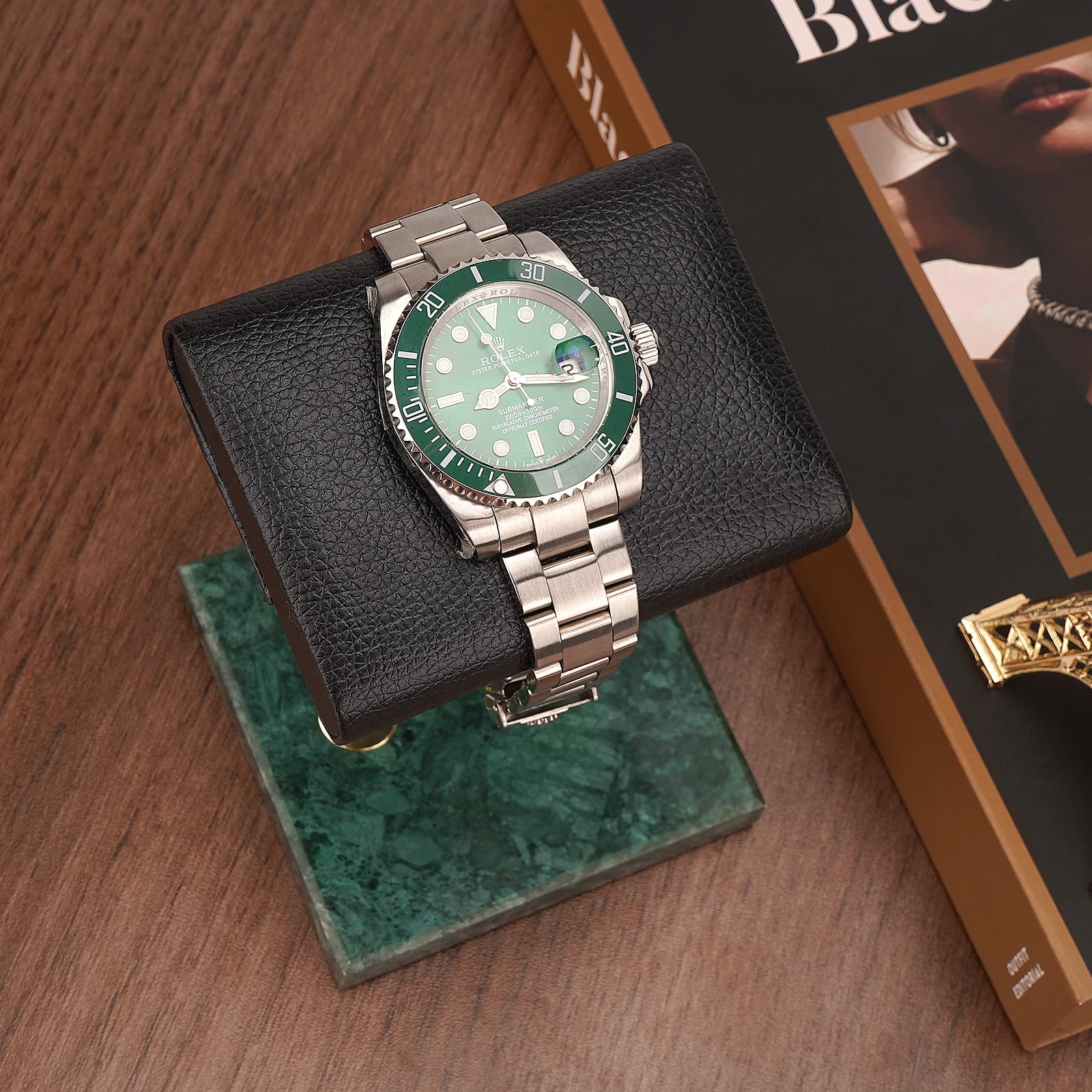 ReignSword Vegan Leather Watch Display Stand Holder, Single Watch Holder Watch Stand, Watch Holder with Marble Base (Green) - 5