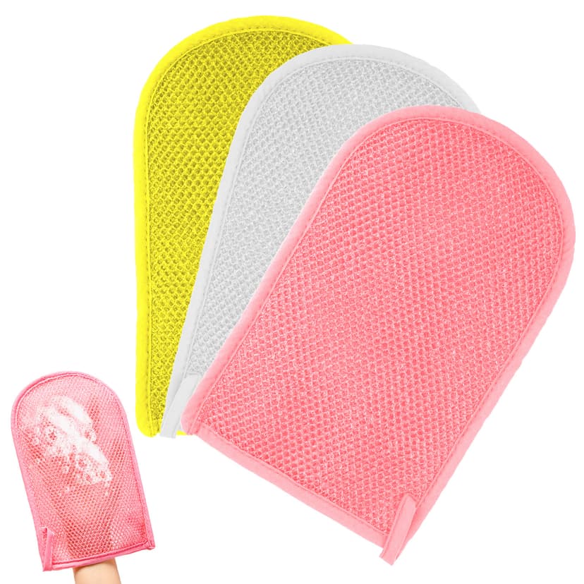 ReignSword 3 Pack African Net Sponge Exfoliating Glove, Deep Cleaning Bath Sponge Body Scrubber for Dead Skin, Exfoliating Shower Gloves for Men and Women (White, Yellow, Pink)