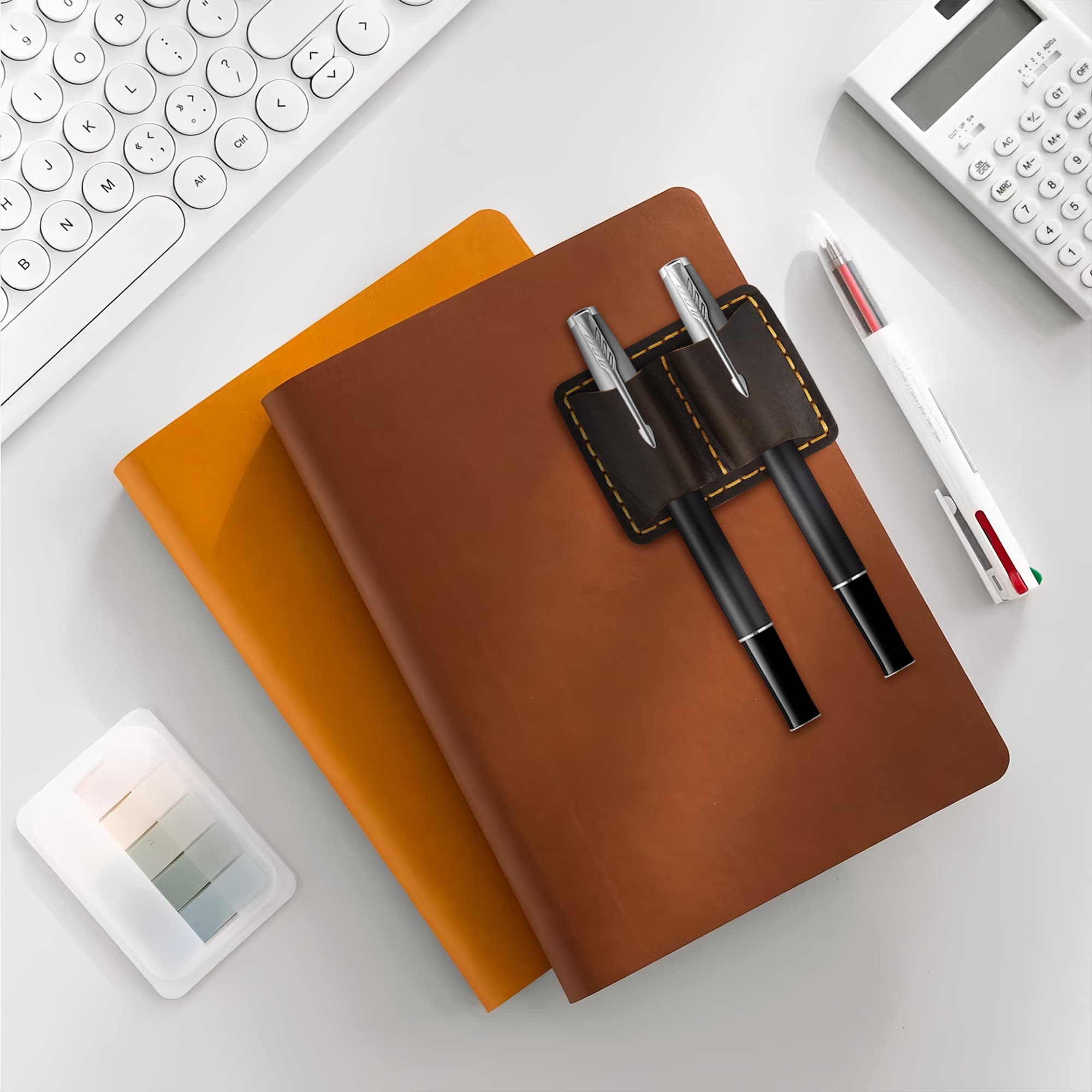 ReignSword Leather Pen Holder for Notebook, Double Slot Pen Holder for Journal Notebook Clipboard, Pencil Holder with Elastic Loop for Pens, Pencil, Stylus Pen (Coffee) - 5